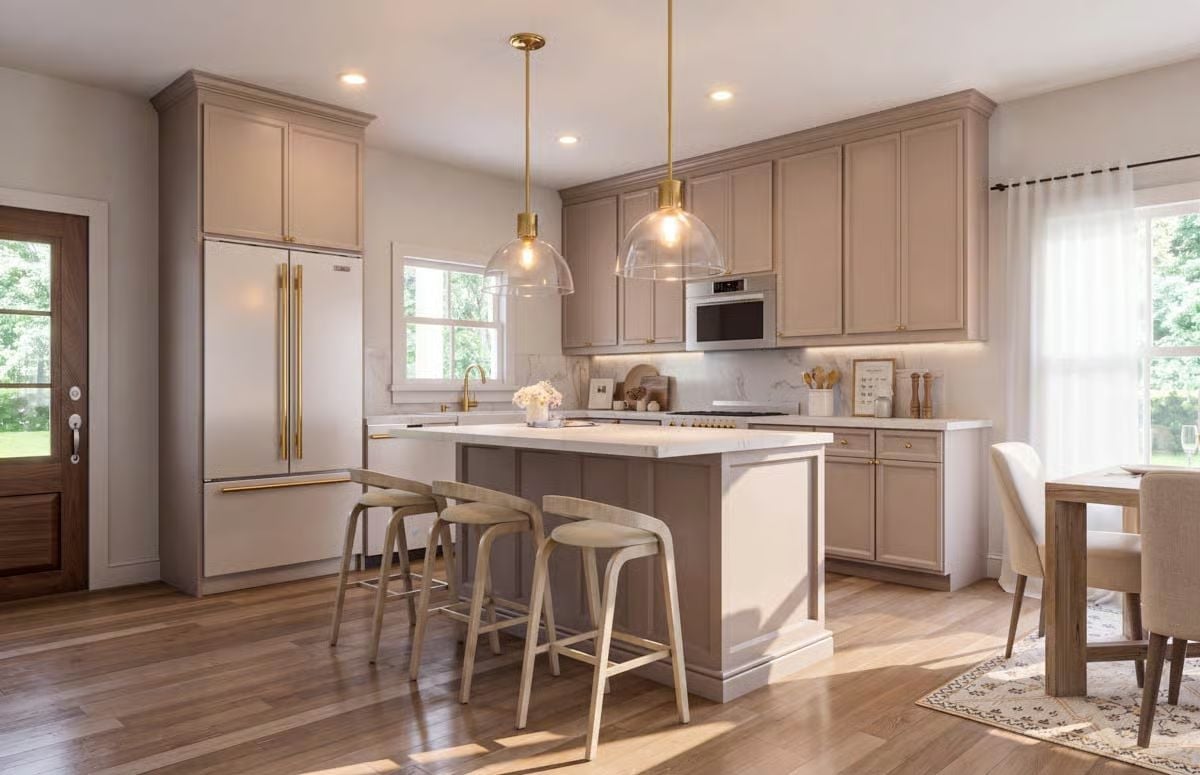 Greige Cabinets and Brass Hardware Prove Warm Neutrals Don't Need to Play It Safe