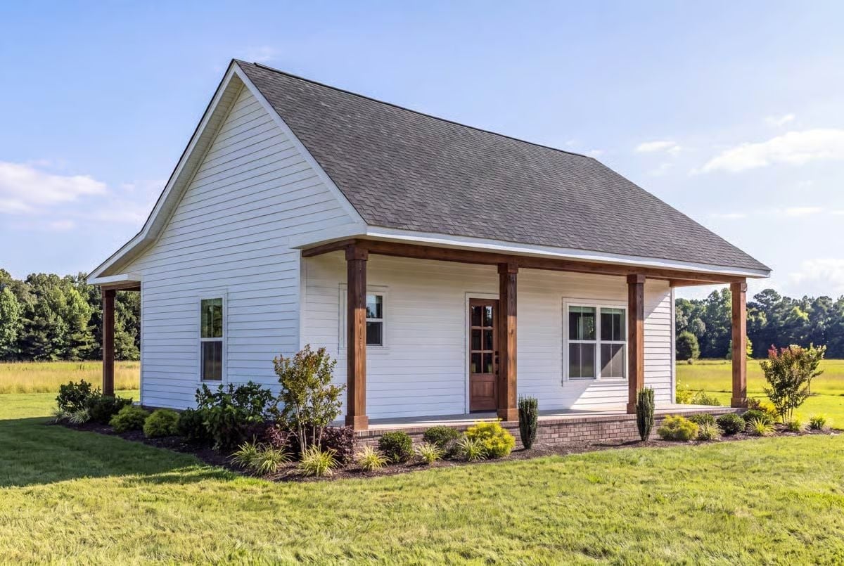Rustic Wood Posts and White Siding Make This Porch Worth Waking Up For