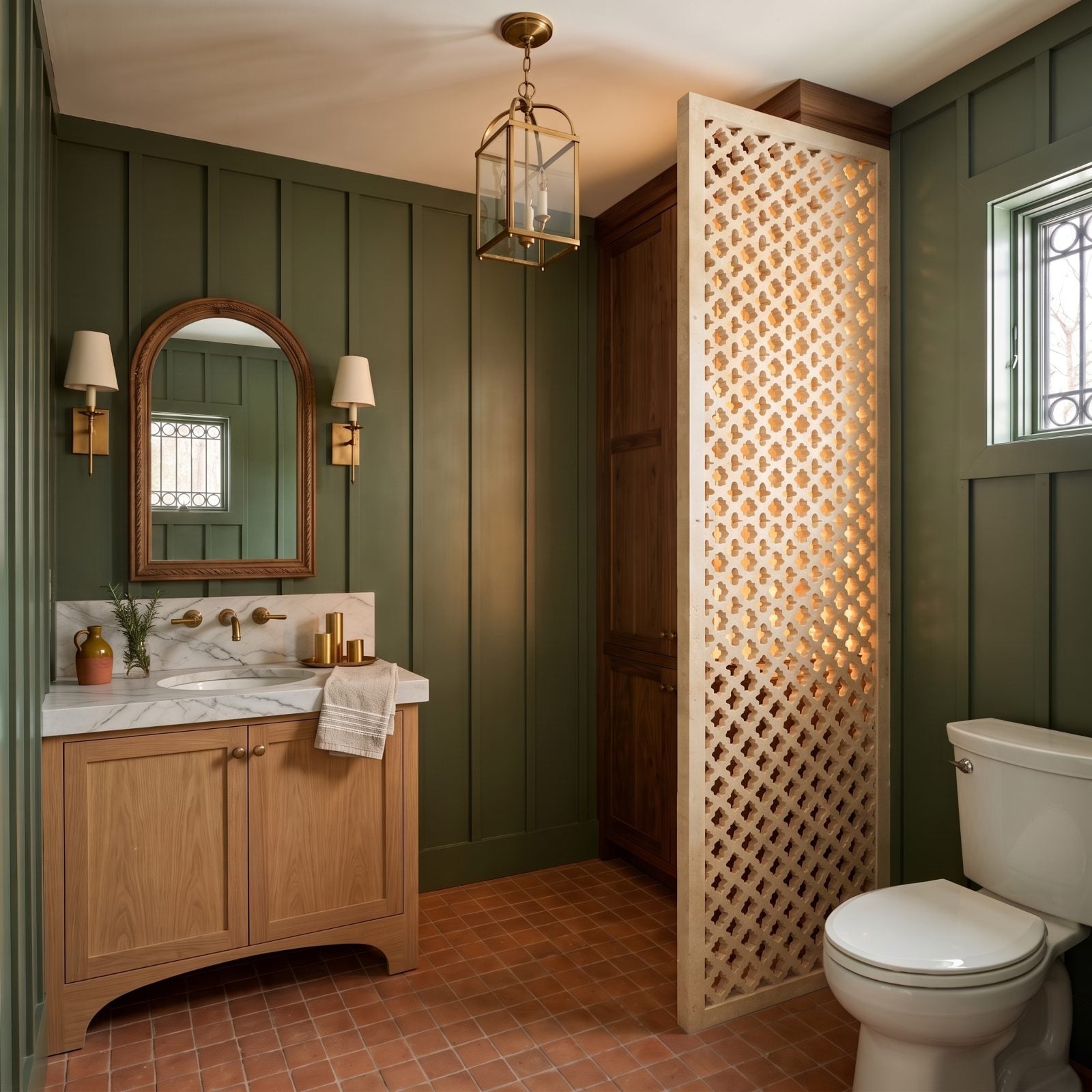A Perforated Marble Screen Veils Walnut Storage