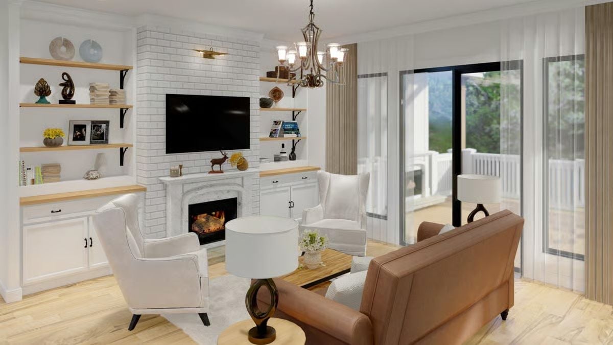 Brick Fireplace Wall, Leather Sofa, and Open Shelving Walk Into a Living Room
