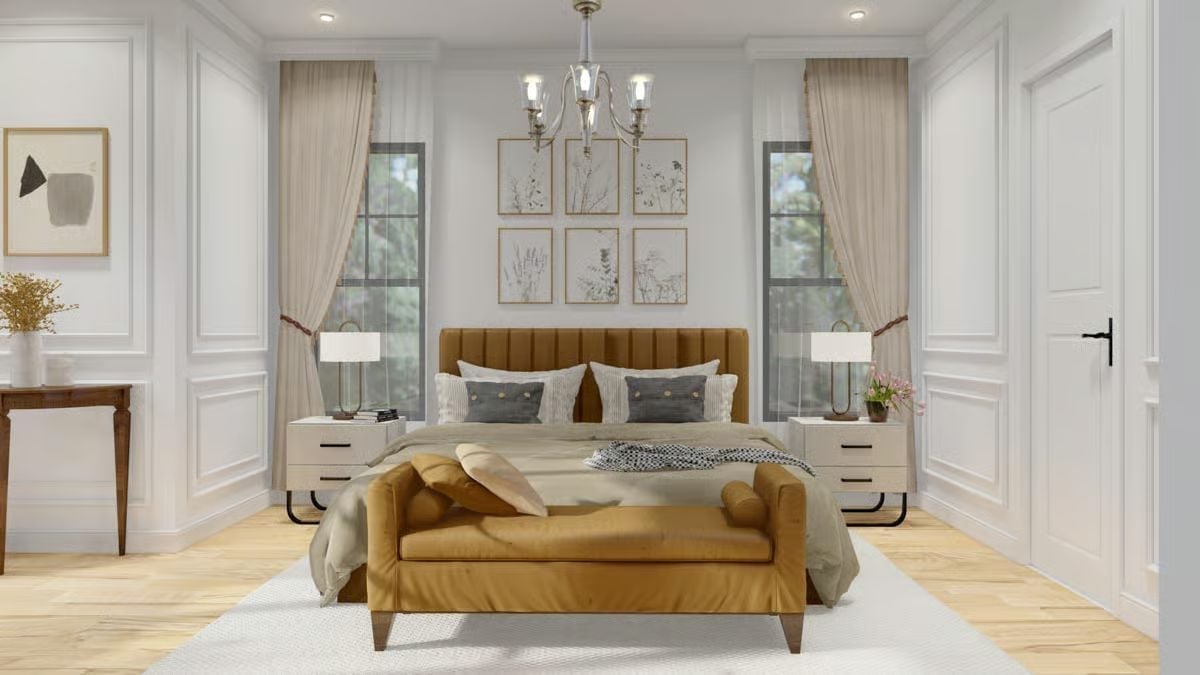 Caramel Velvet and Botanical Prints Do the Heavy Lifting in a Restrained Bedroom