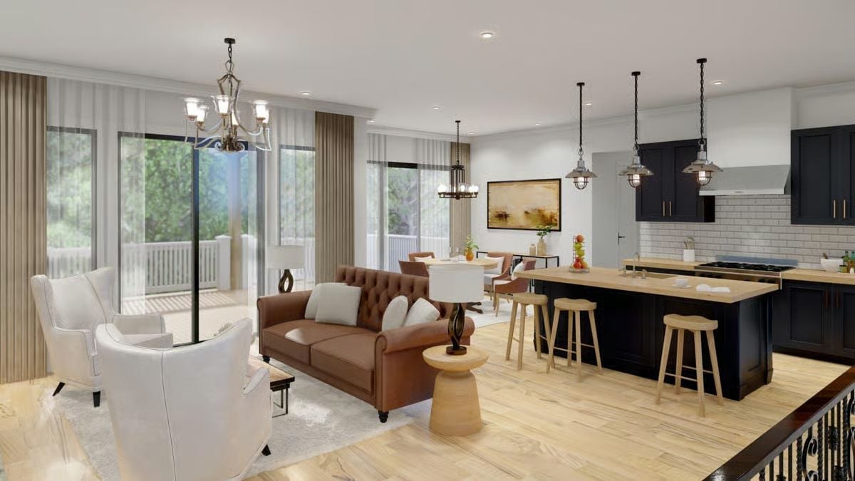 Dark Cabinetry and Leather Pull Off Something Most Open Plans Can't