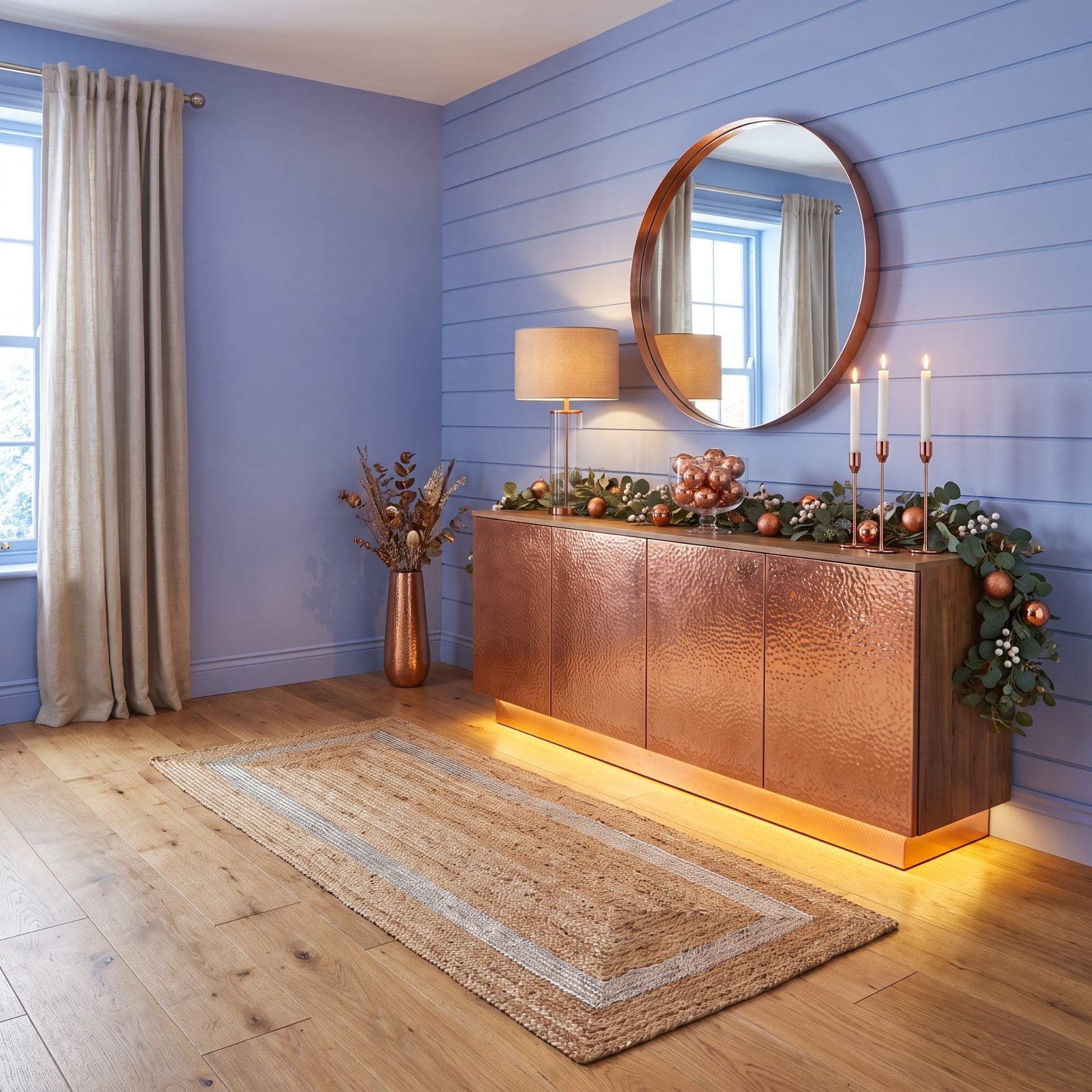 Periwinkle and Copper: A Christmas Entryway With a Cool-Warm Handshake