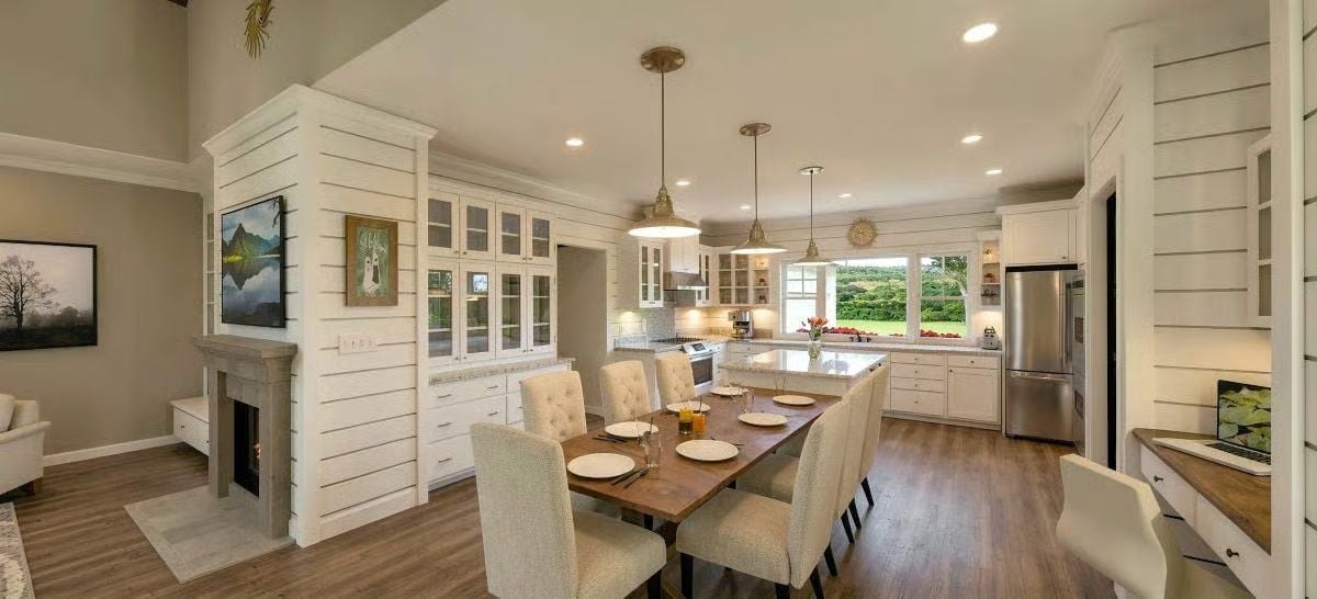 Shiplap Column, Built-In China Cabinets, and a Dining Table That Means Business