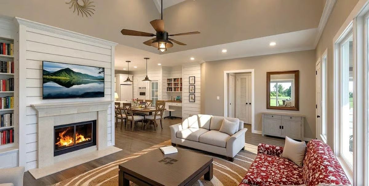 Shiplap Wall, Real Fire, and a Red Sofa That Refuses to Blend In
