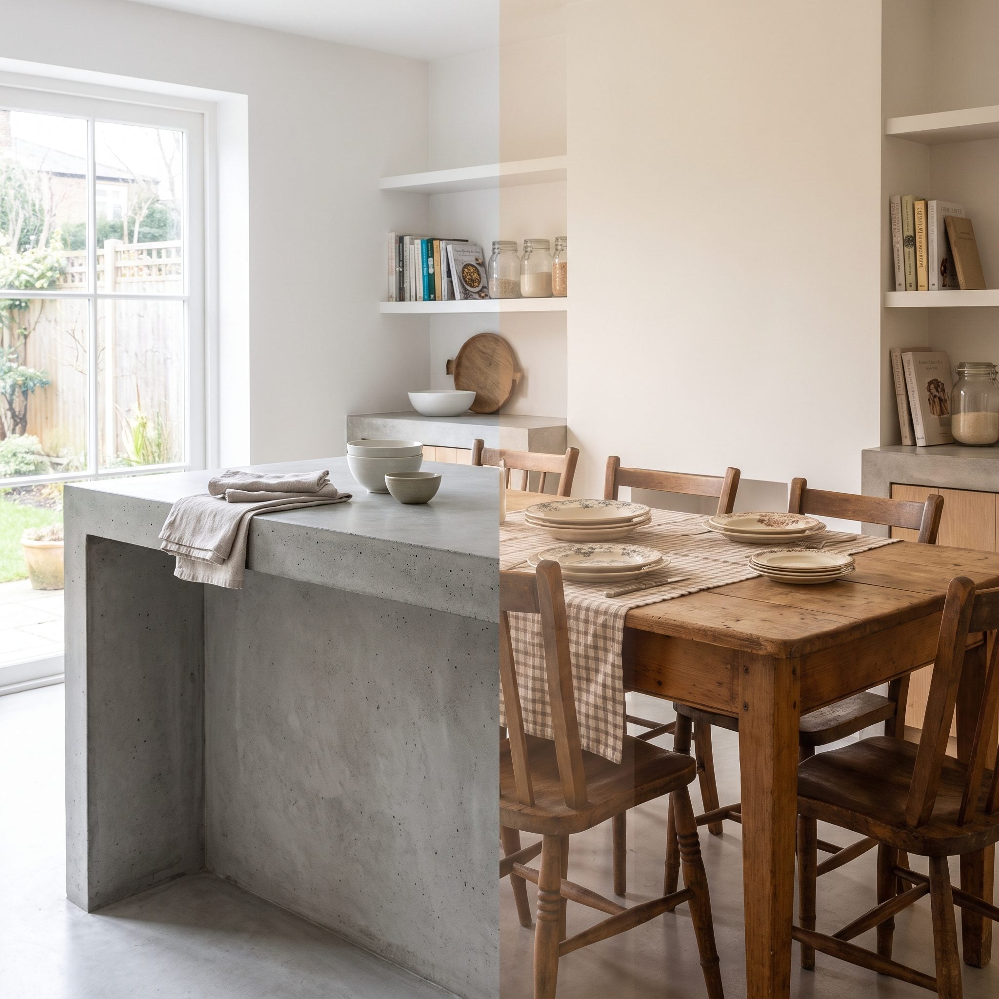 Narrow galley kitchen with a fixed marble waterfall island leaving about 30 inches of walkway on each side.