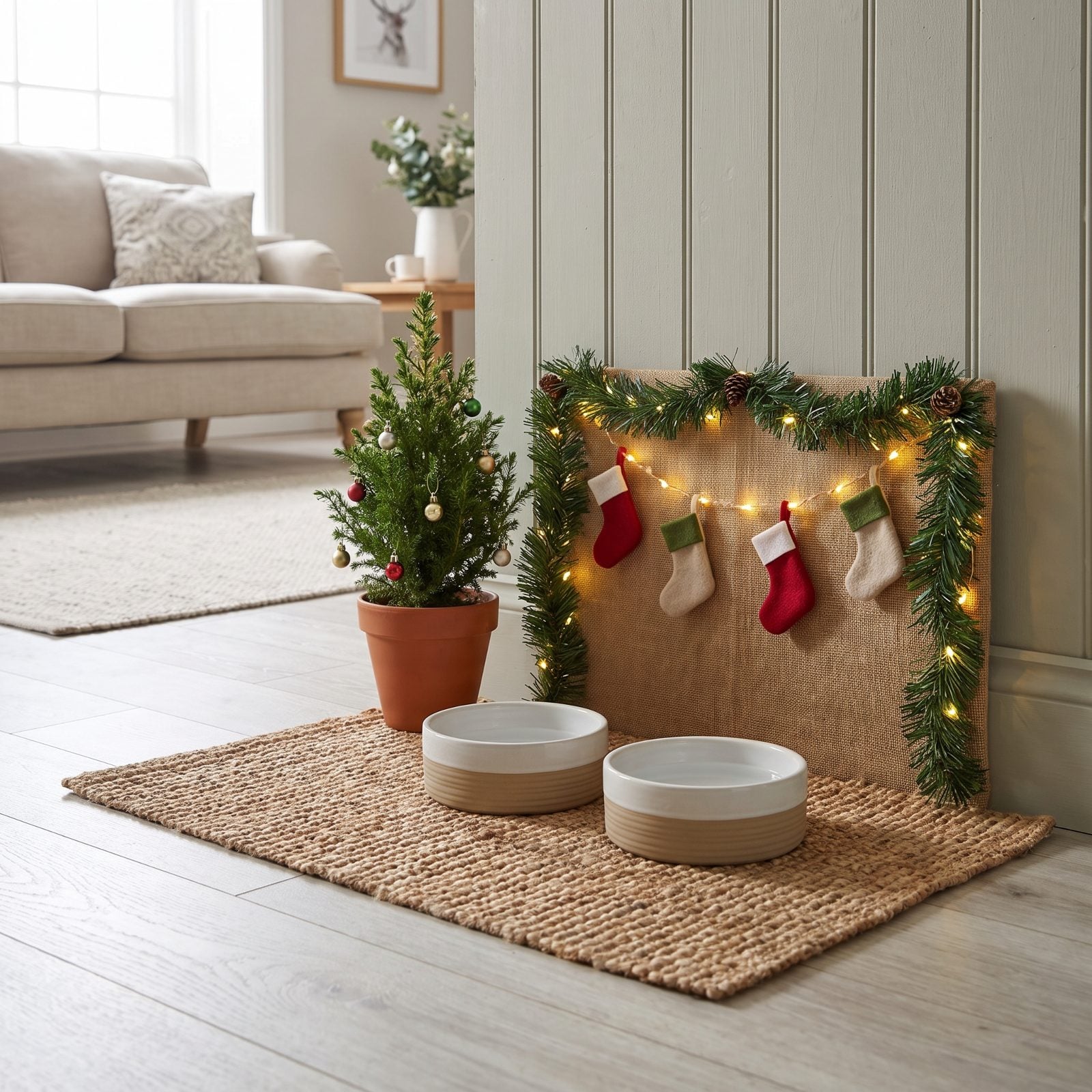 A Pet-Feeding Corner With Its Own Tiny Festive Backdrop