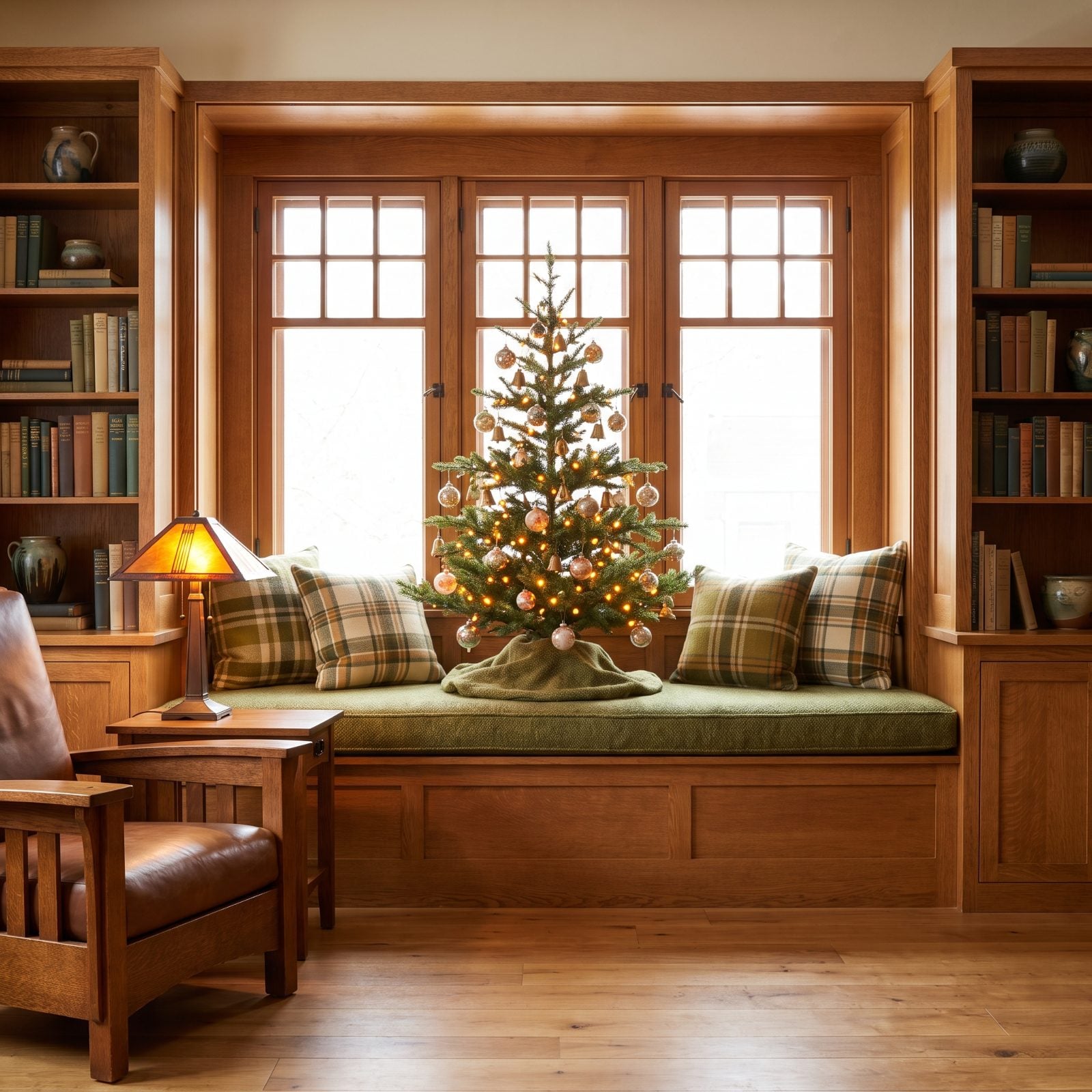 A Petite Tree Tucked Into a Craftsman Window Seat
