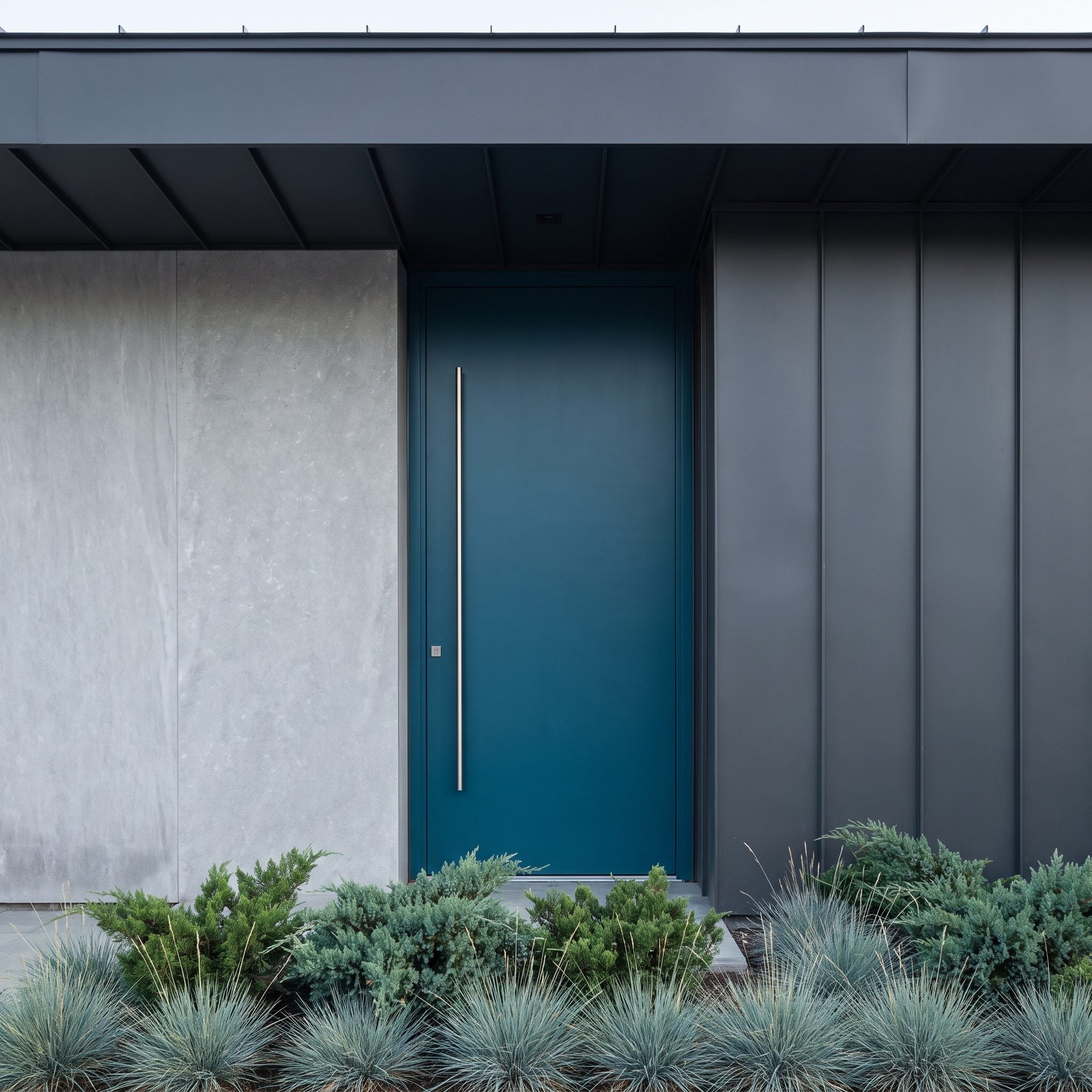 Petrol-blue contemporary front door framed by silver-gray limestone and graphite cladding