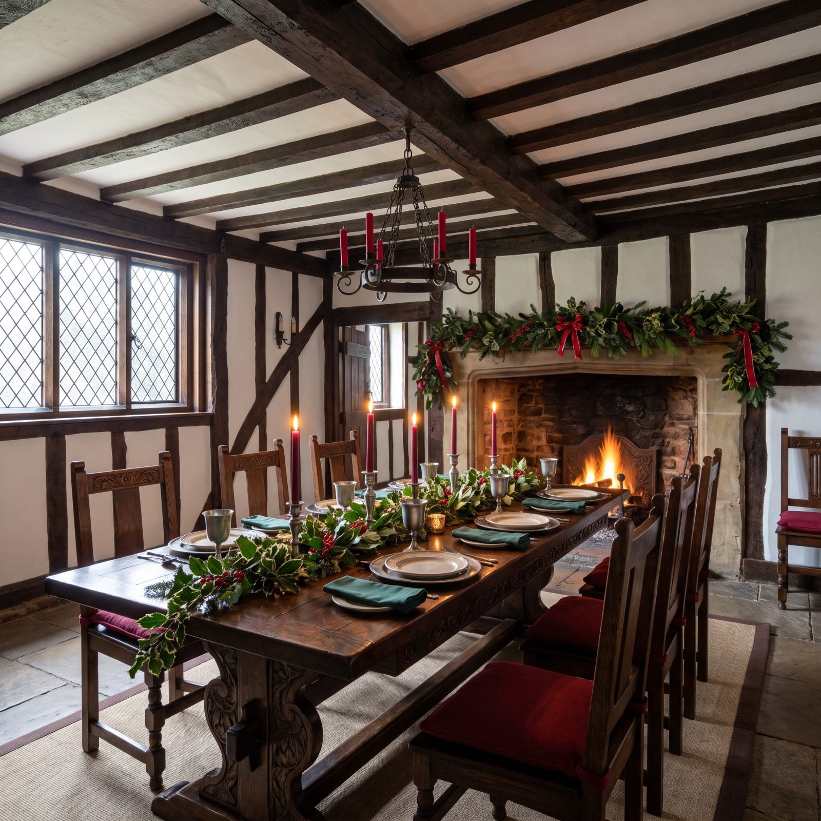 Pewter and Deep Red Tapers Under Tudor Beams