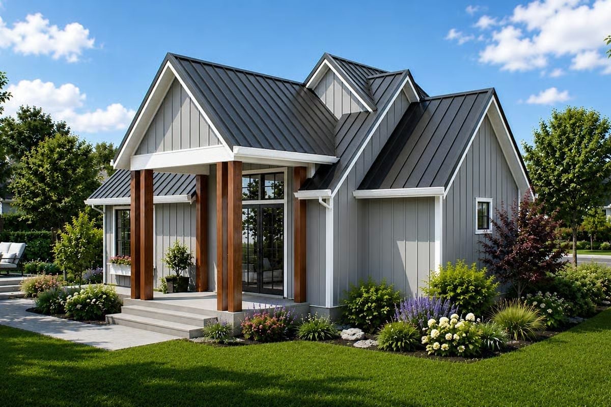 Pewter Board-and-Batten Exterior with Warm Wood Columns and a Covered Patio Worth Lingering On