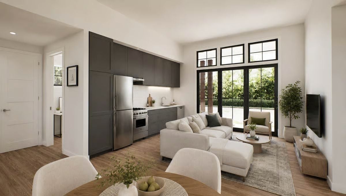 Pewter Cabinetry and Steel-Frame Windows Doing a Lot of Heavy Lifting in One Small Space
