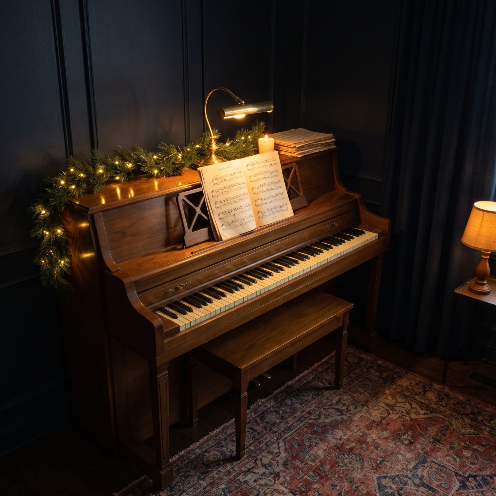 A Piano Corner Lit by Clip-On Music Lights and Garland