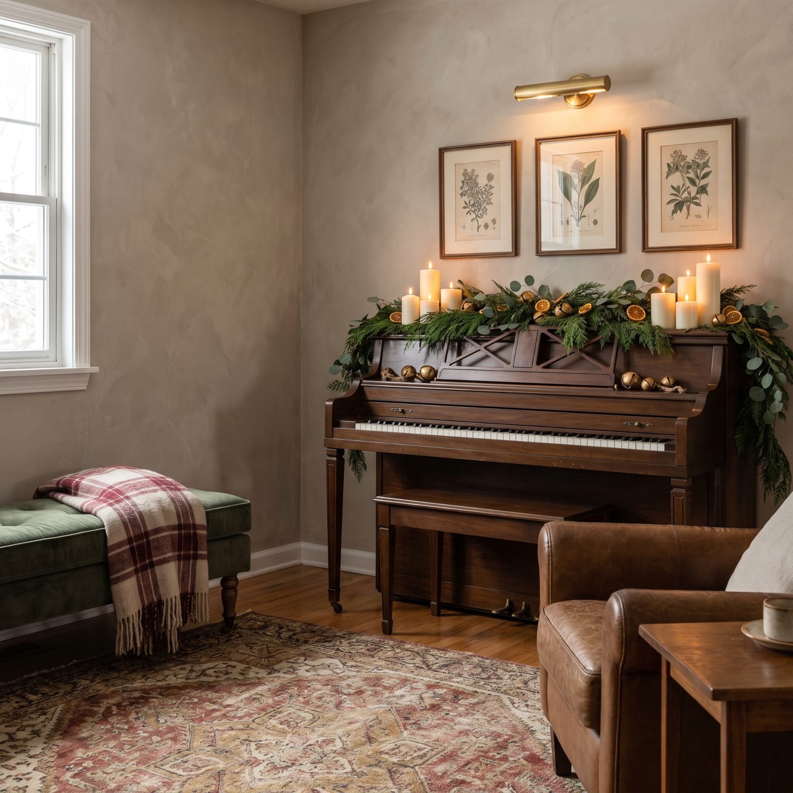 A Piano Covered in Candles, Greenery and Brass Bells