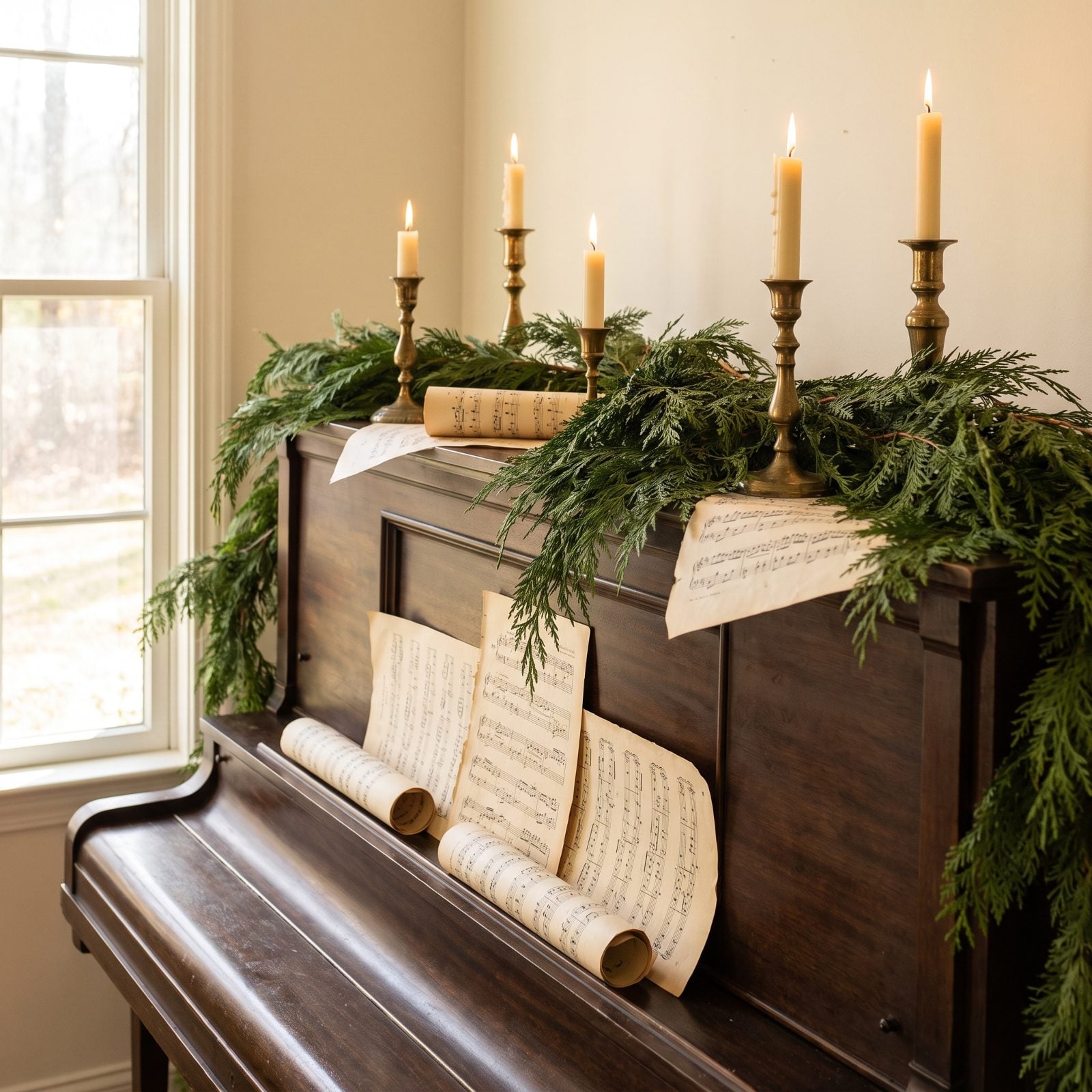 A Piano Dressed with Candles, Greenery and Vintage Sheet Music