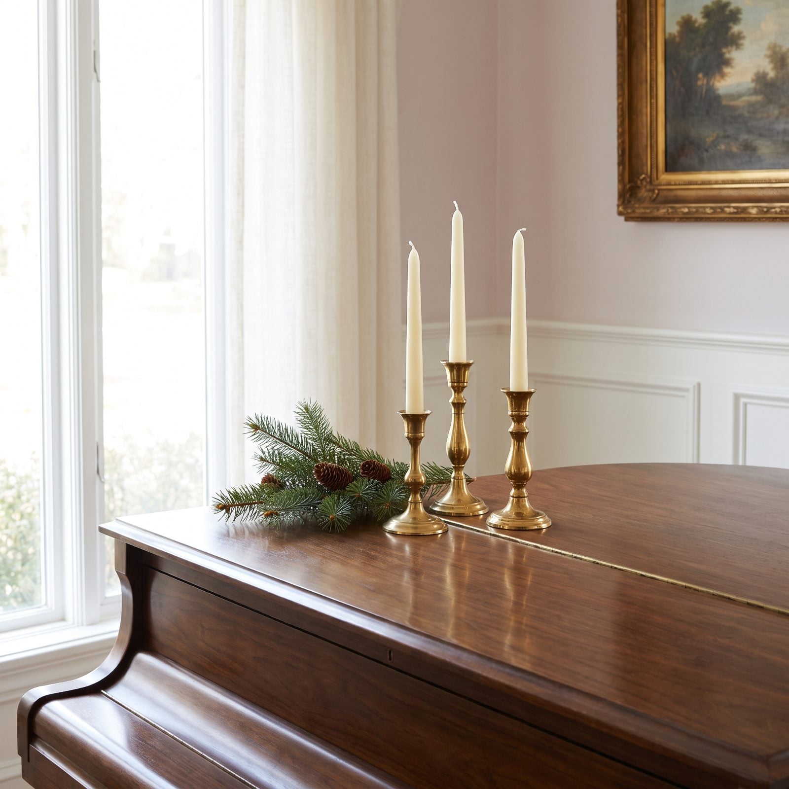 A Piano Topped With Candles and One Loose Evergreen Branch