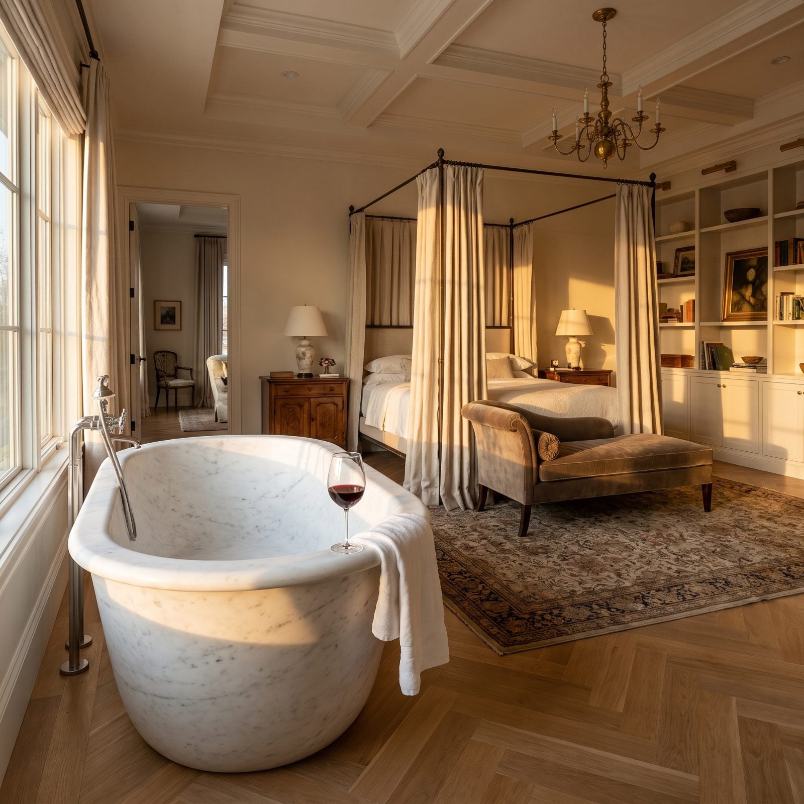 Freestanding soaking tub with a thin rim and no ledge, with a glass, book, and candle resting on the floor beside it.
