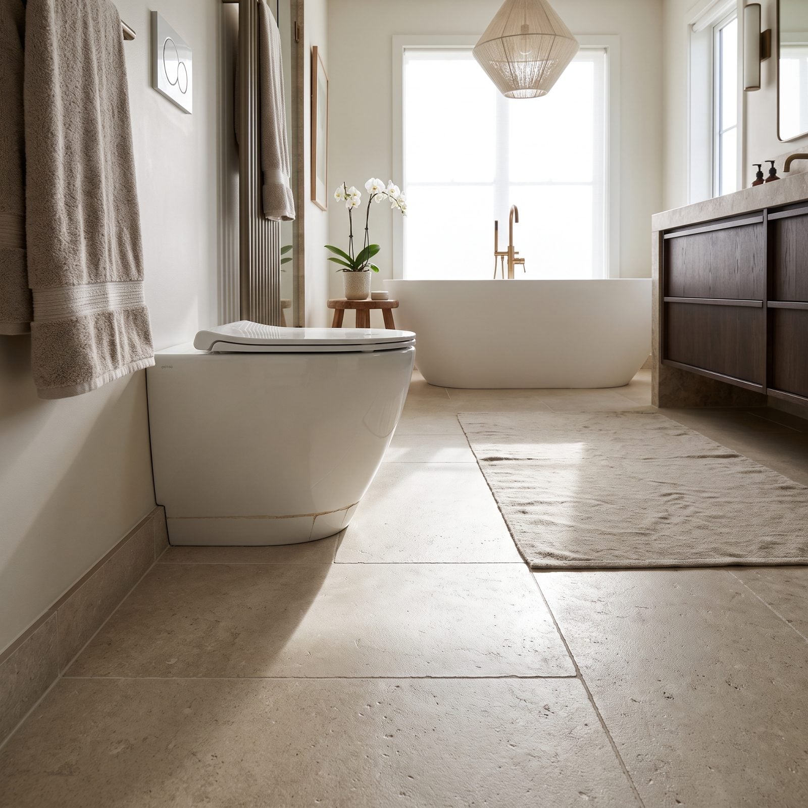 Bathroom with large-format greige tile cut into thin slivers around the toilet base and vanity leg.