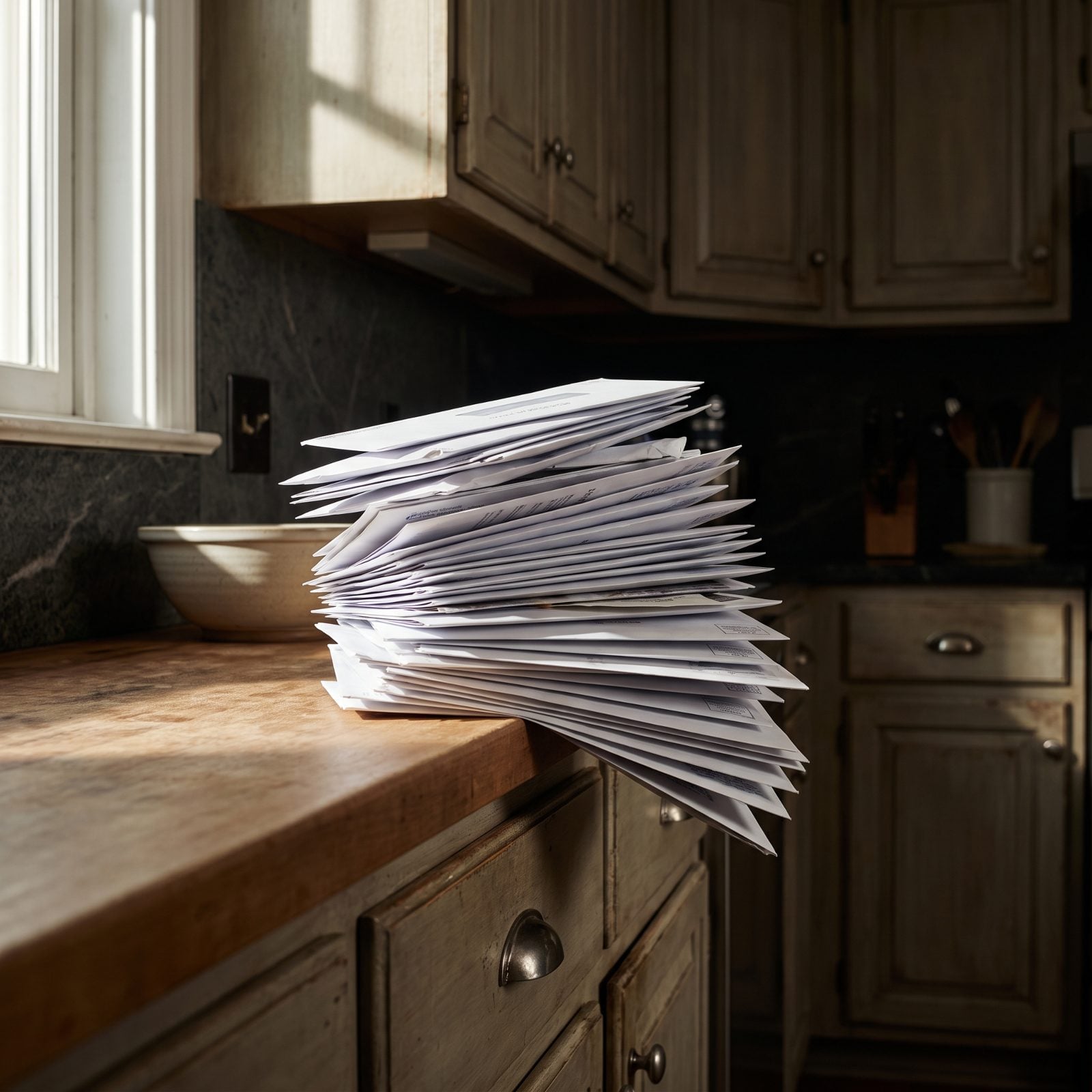 Kitchen counter with a stack of envelopes, two catalogs, a school form, and a bank statement beside a wooden mail sorter.