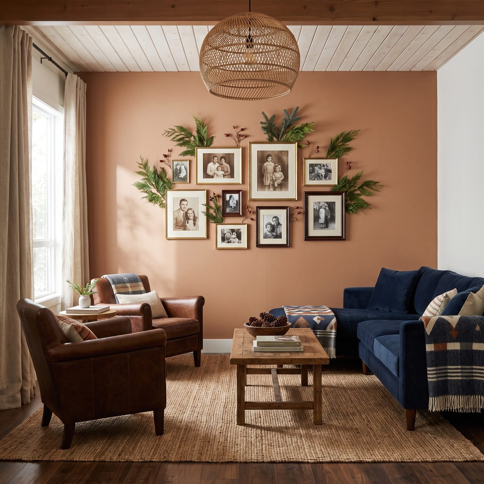 Pin Evergreen Sprigs Behind Framed Family Photos