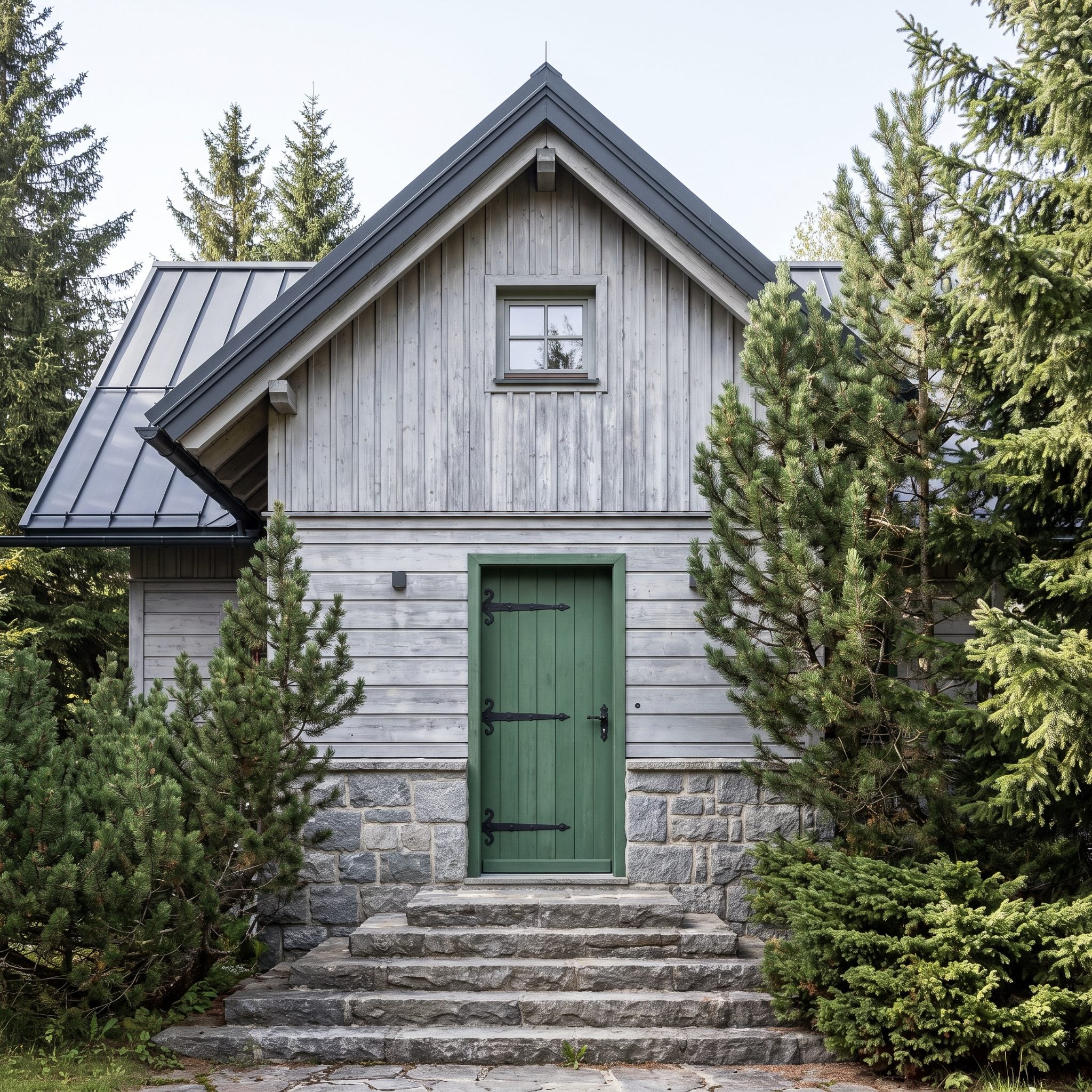Pine-green front door on an Alpine home surrounded by conifers and mountain scenery
