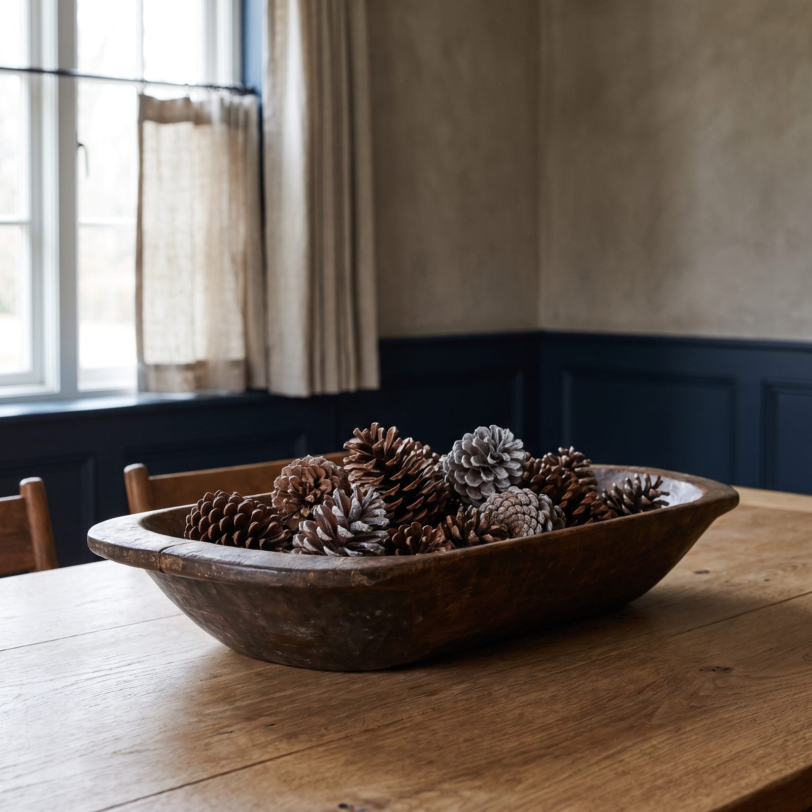 Pinecones Gathered in an Antique Wooden Bowl