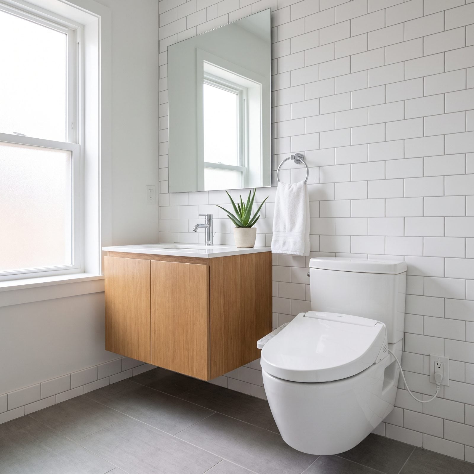 Contemporary bathroom with an electronic bidet seat powered by a standard outlet mounted low behind the toilet.