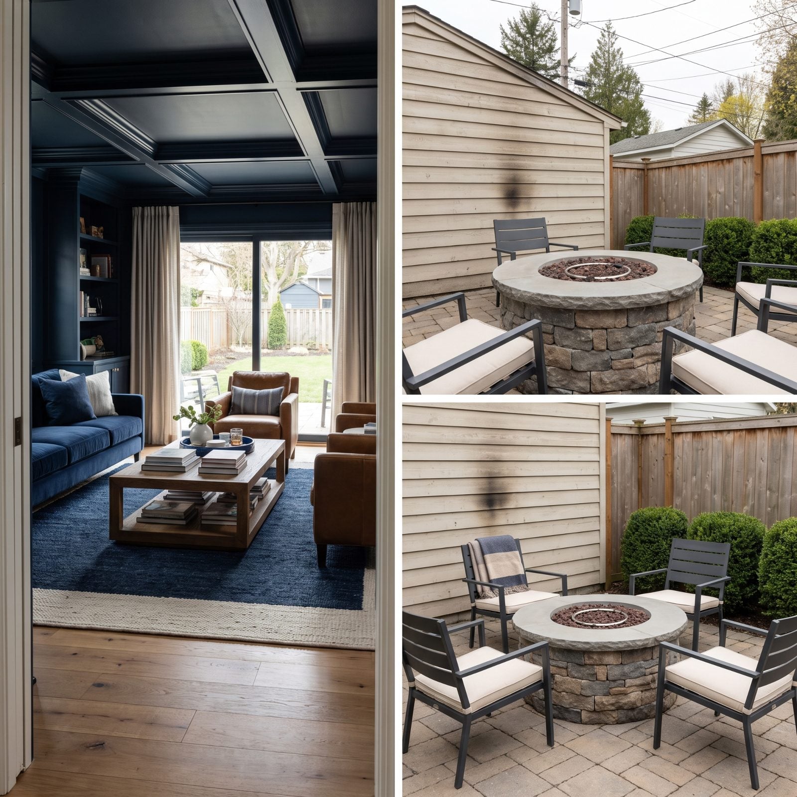Stone gas fire pit set about four feet from a wood-sided garage wall with faint soot marks above it.