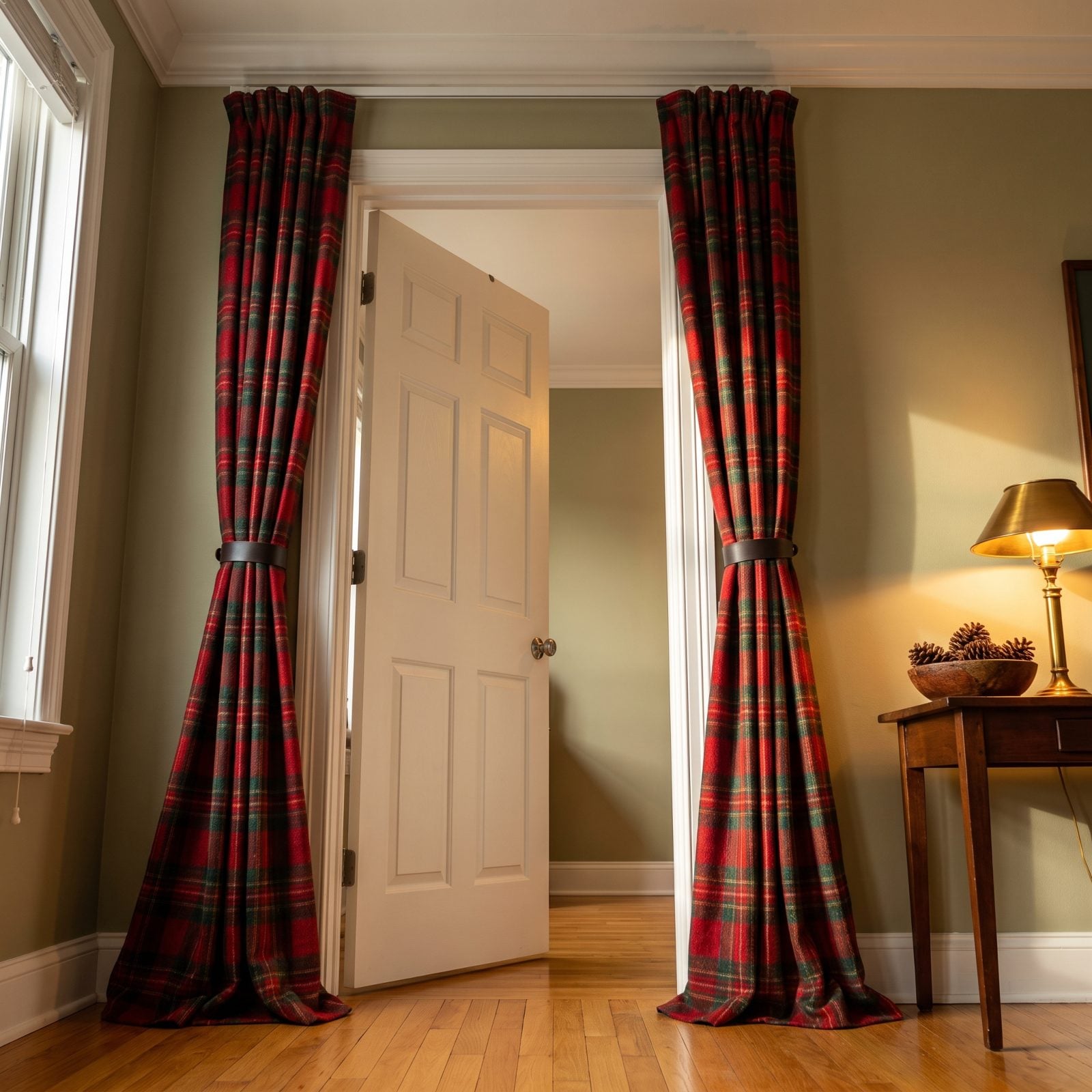 Plaid Fabric Panels Framing the Door Like Curtains
