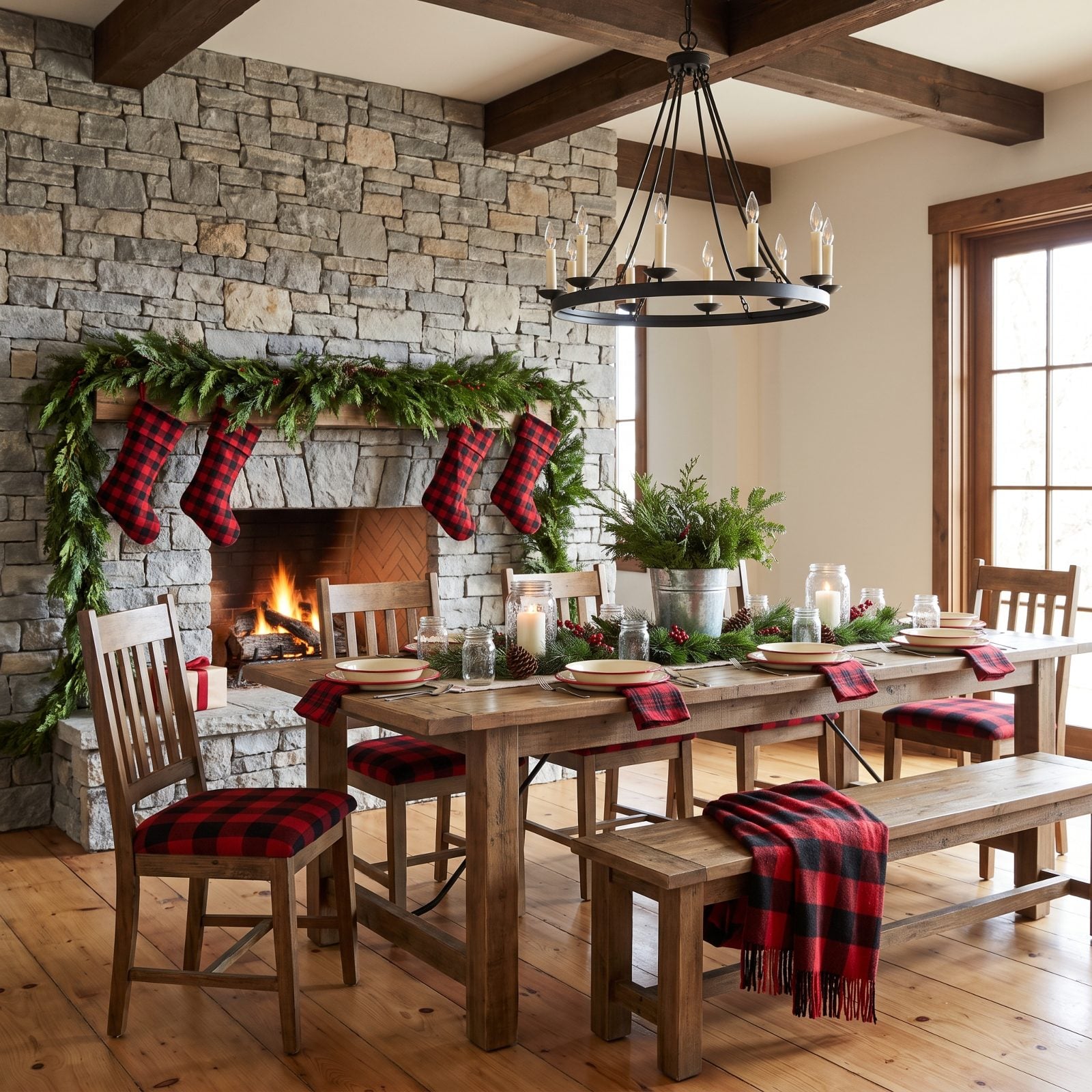 Plaid Wool and Rough Stone in a Winter Dining Room