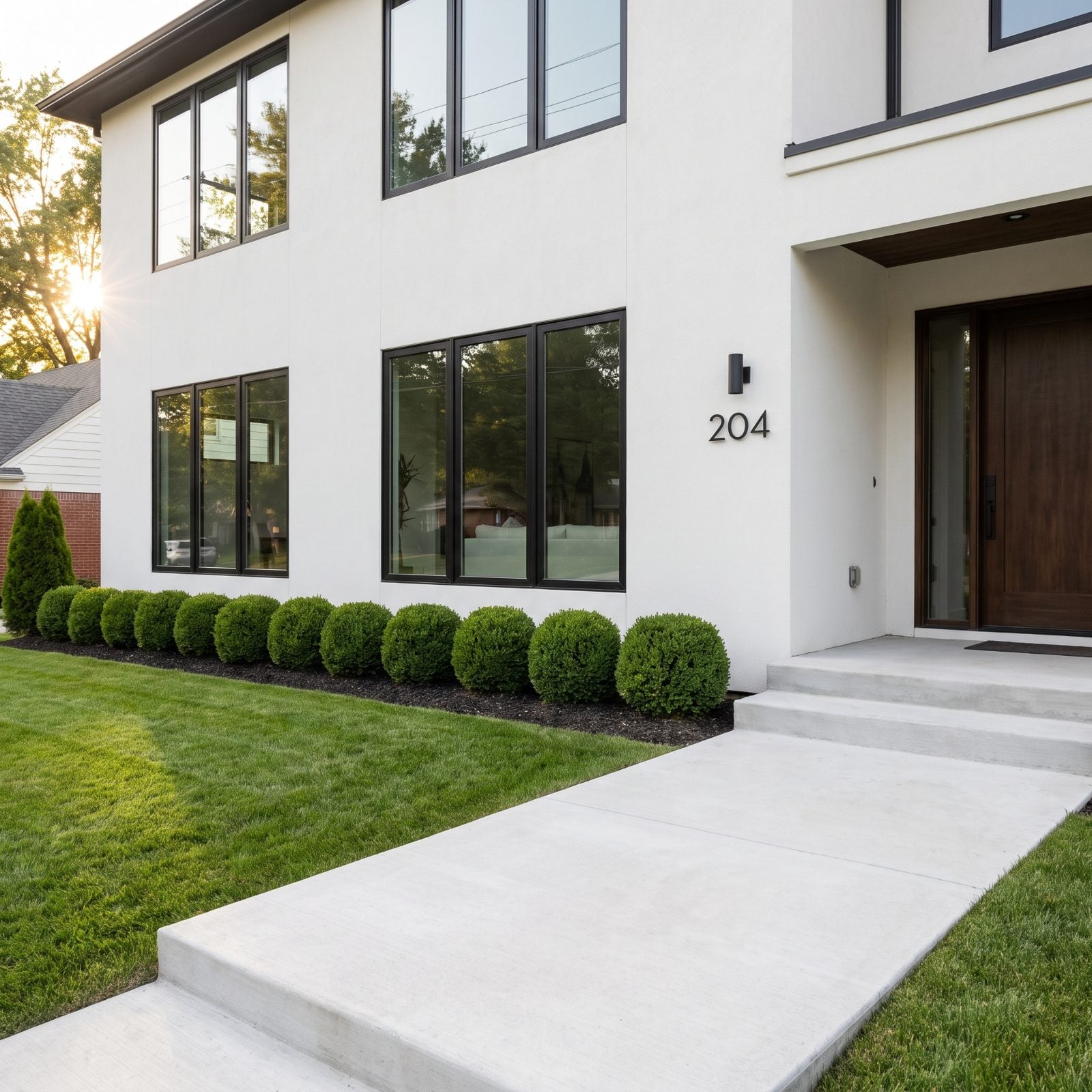 White stucco modern home with a single straight row of twelve identical clipped boxwoods along the entire front foundation.