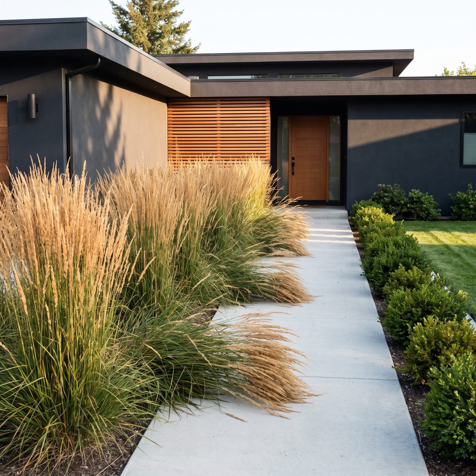 Modern charcoal home with tall ornamental grasses flopping sideways across the edge of the concrete entry path.
