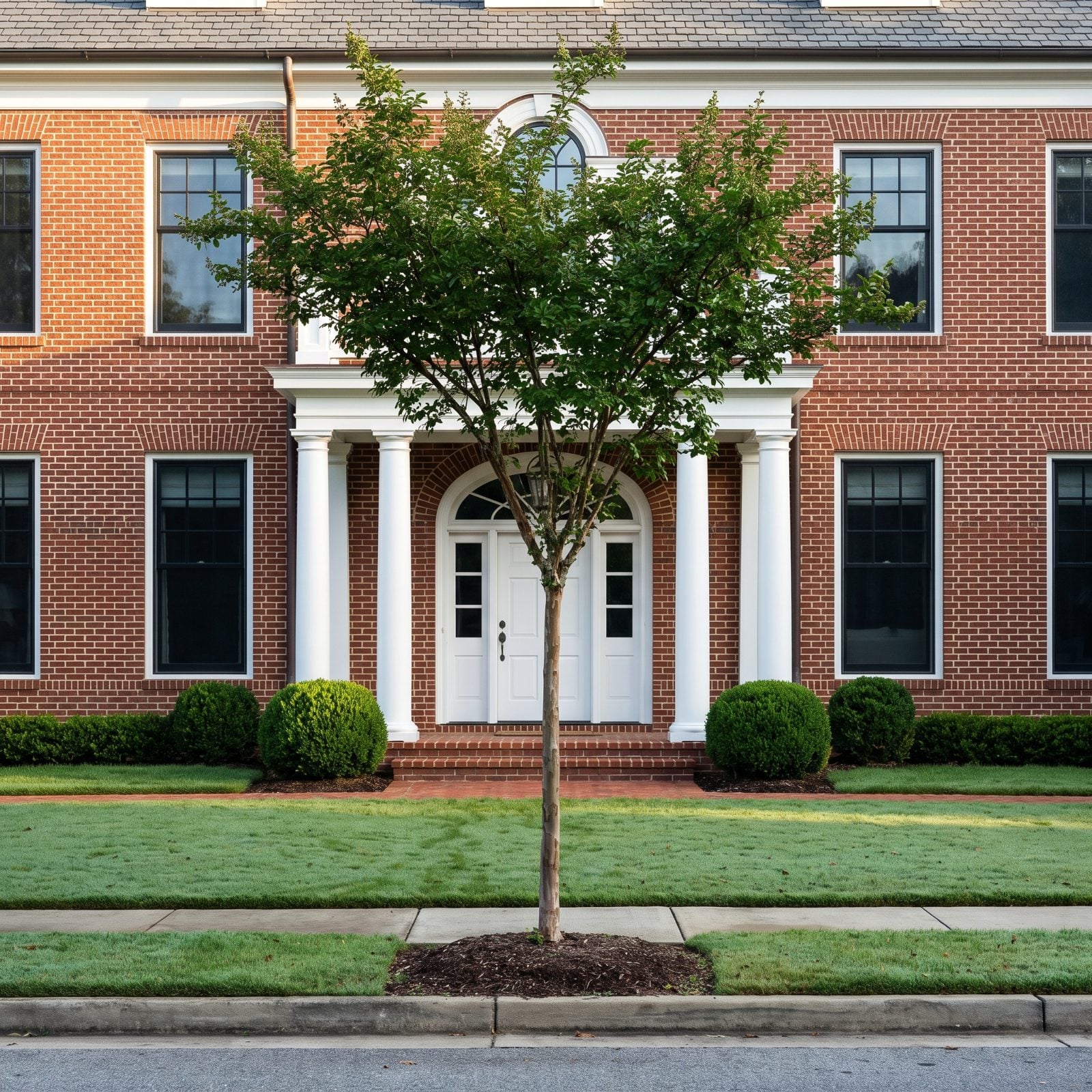 Symmetrical brick Georgian home with a columned portico, and a tree planted dead center in the lawn blocking the view of the