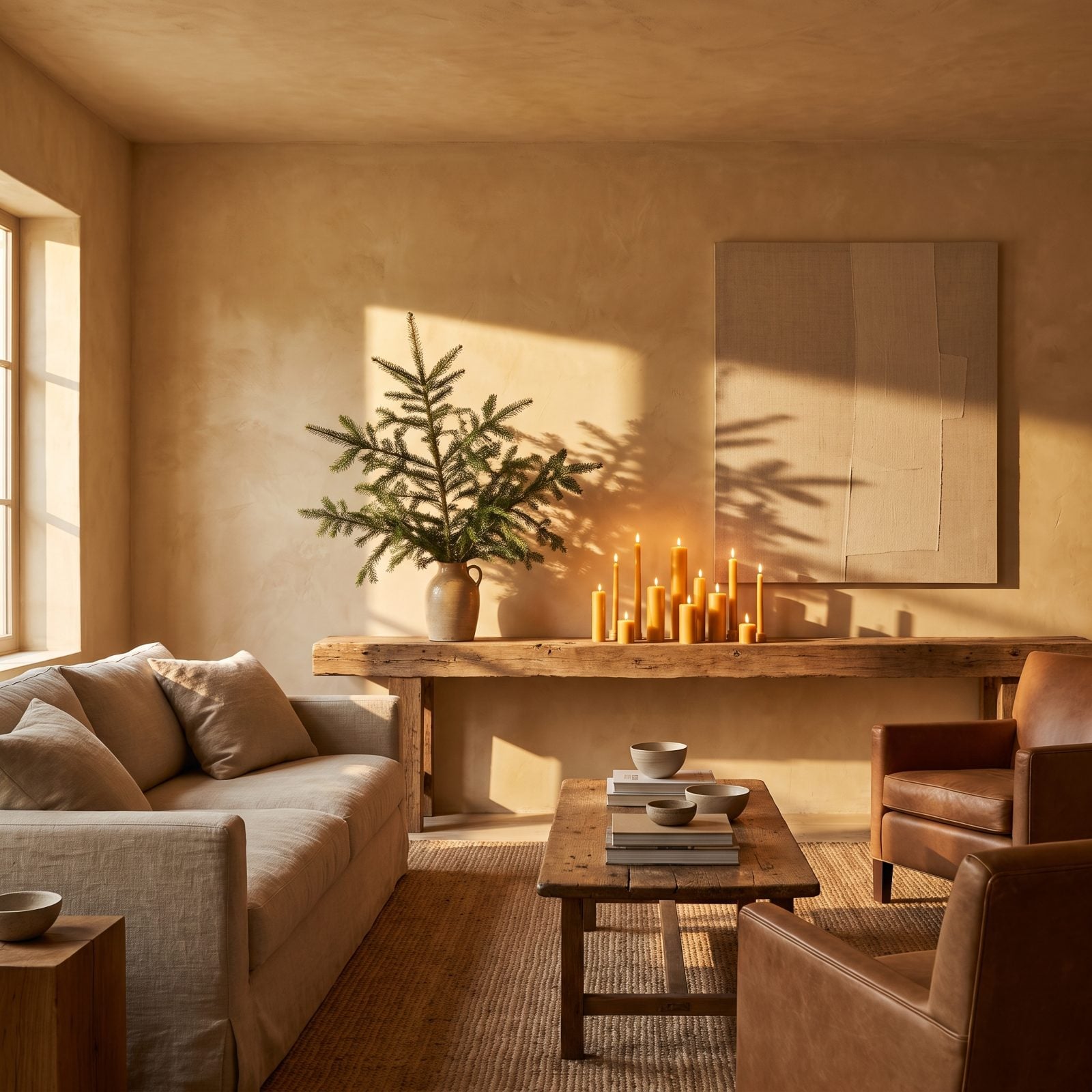 A Plaster-Walled Room With Beeswax Candles and Sparse Fir