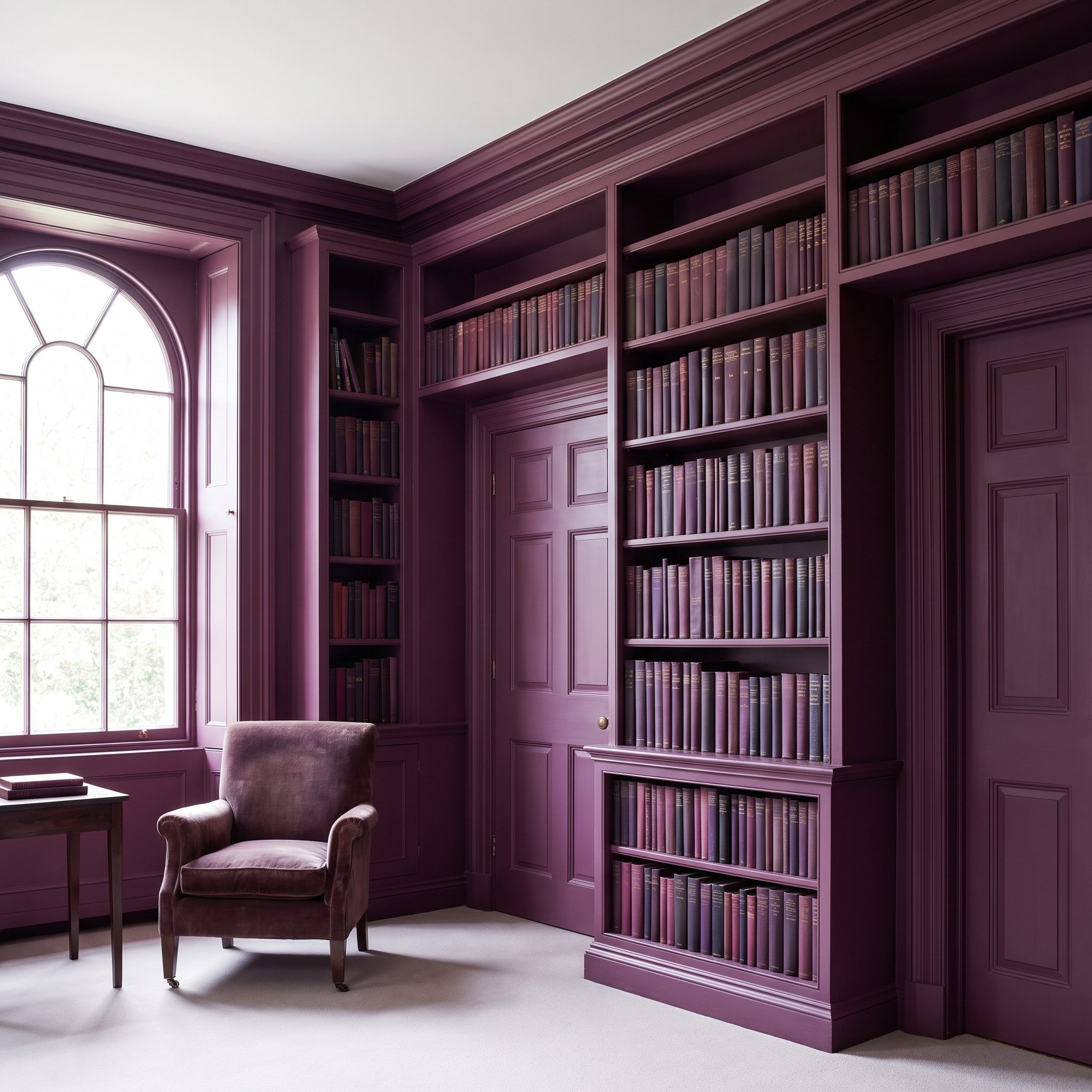 Plum Library, Shelves, Trim, Doors, and Walls Become One Envelope
