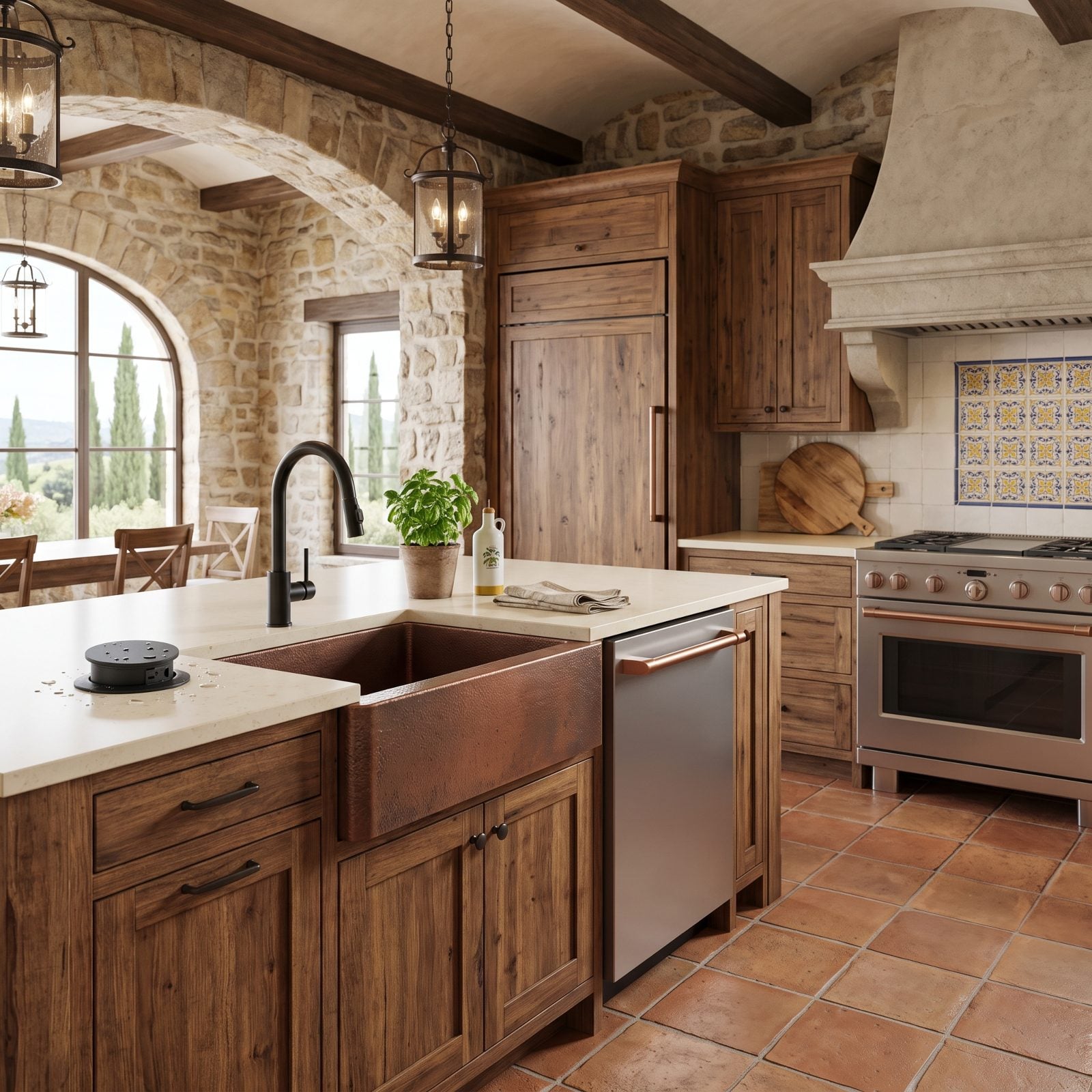 Sage green kitchen with a pop-up countertop outlet installed about eight inches from a farmhouse sink.