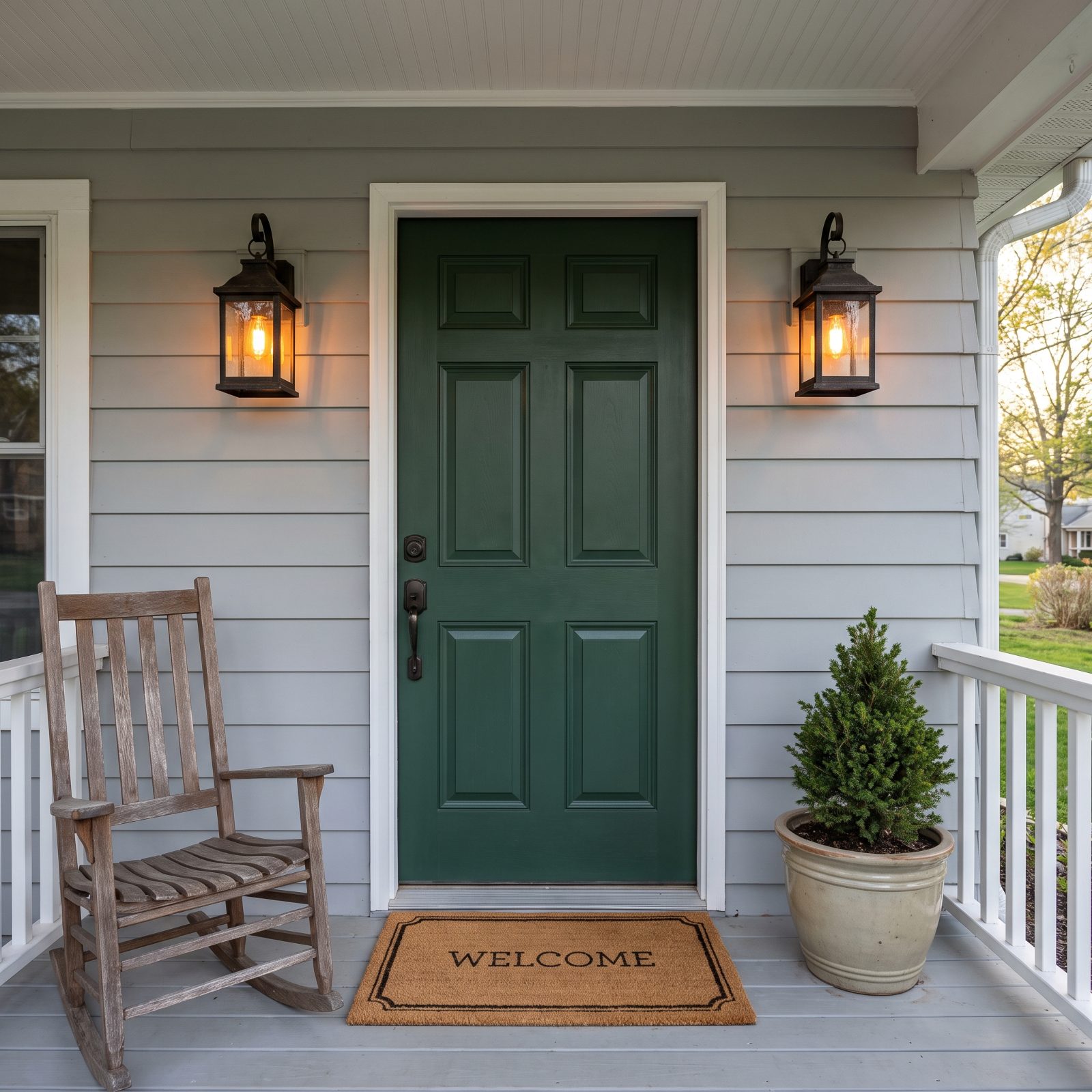 Covered porch with a green door flanked by two black lantern sconces holding warm-toned bulbs.