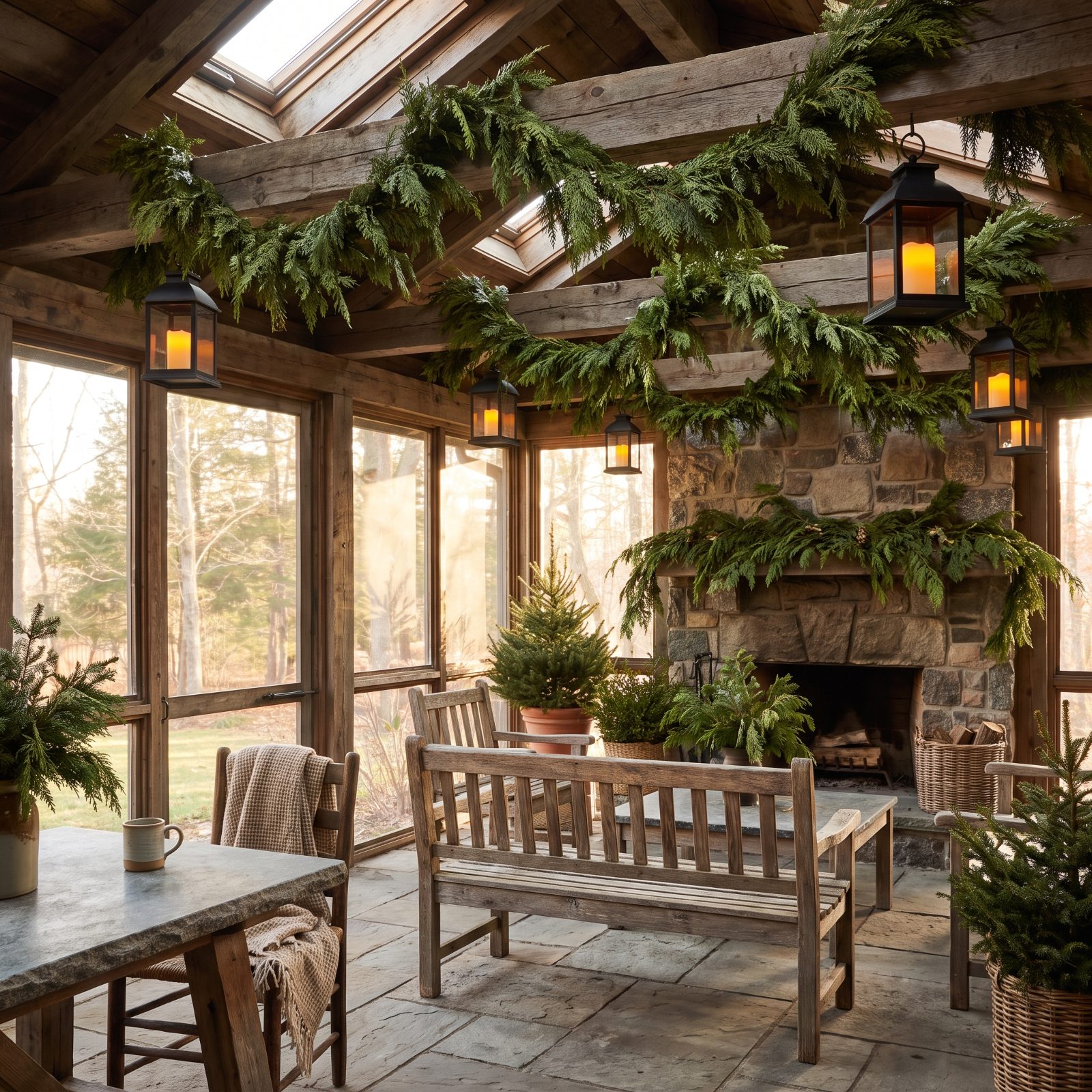 A Porch Room With Lanterns and Cedar Boughs Overhead