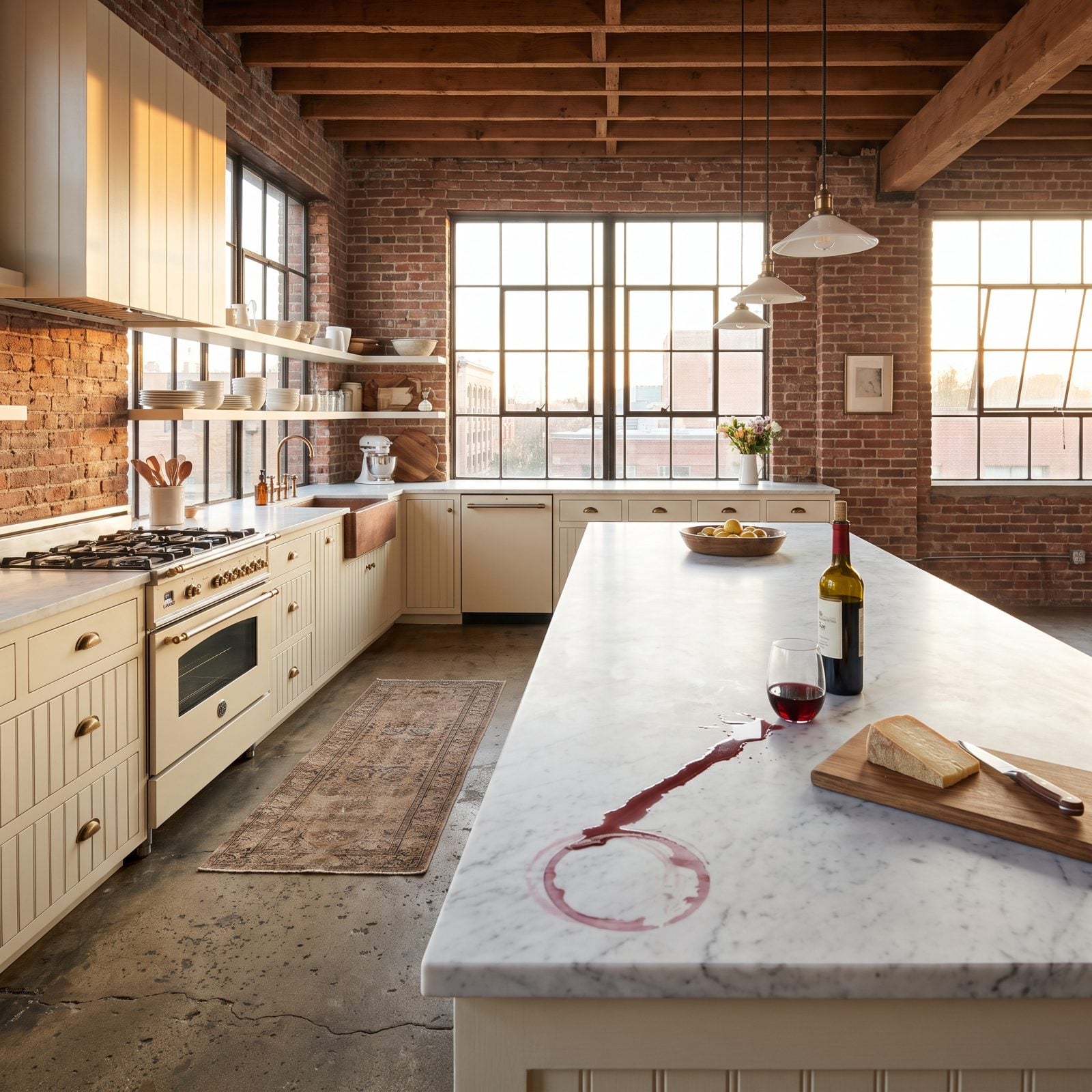 Honed white marble counter with a permanent purple-gray wine stain soaked into the stone beside a wine glass.