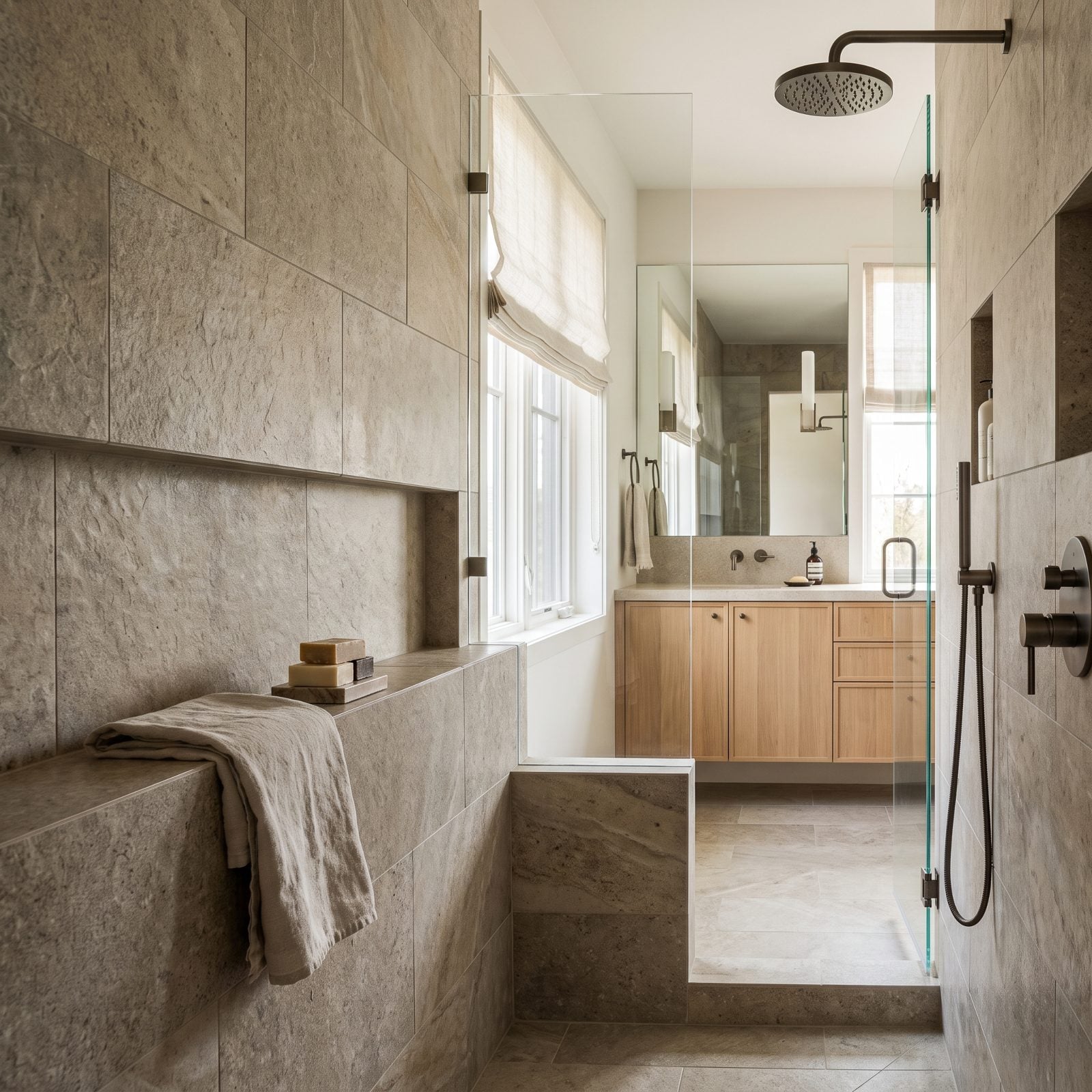 Walk-in shower with a built-in corner bench only about ten inches deep holding toiletries instead of being wide enough to