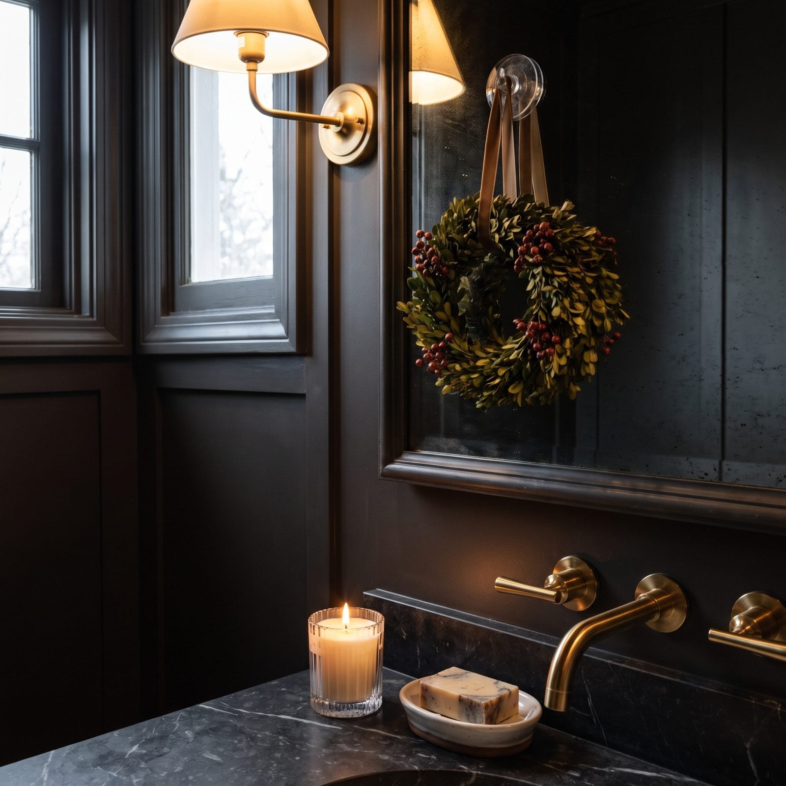 A Powder Room Vanity With Miniature Wreaths