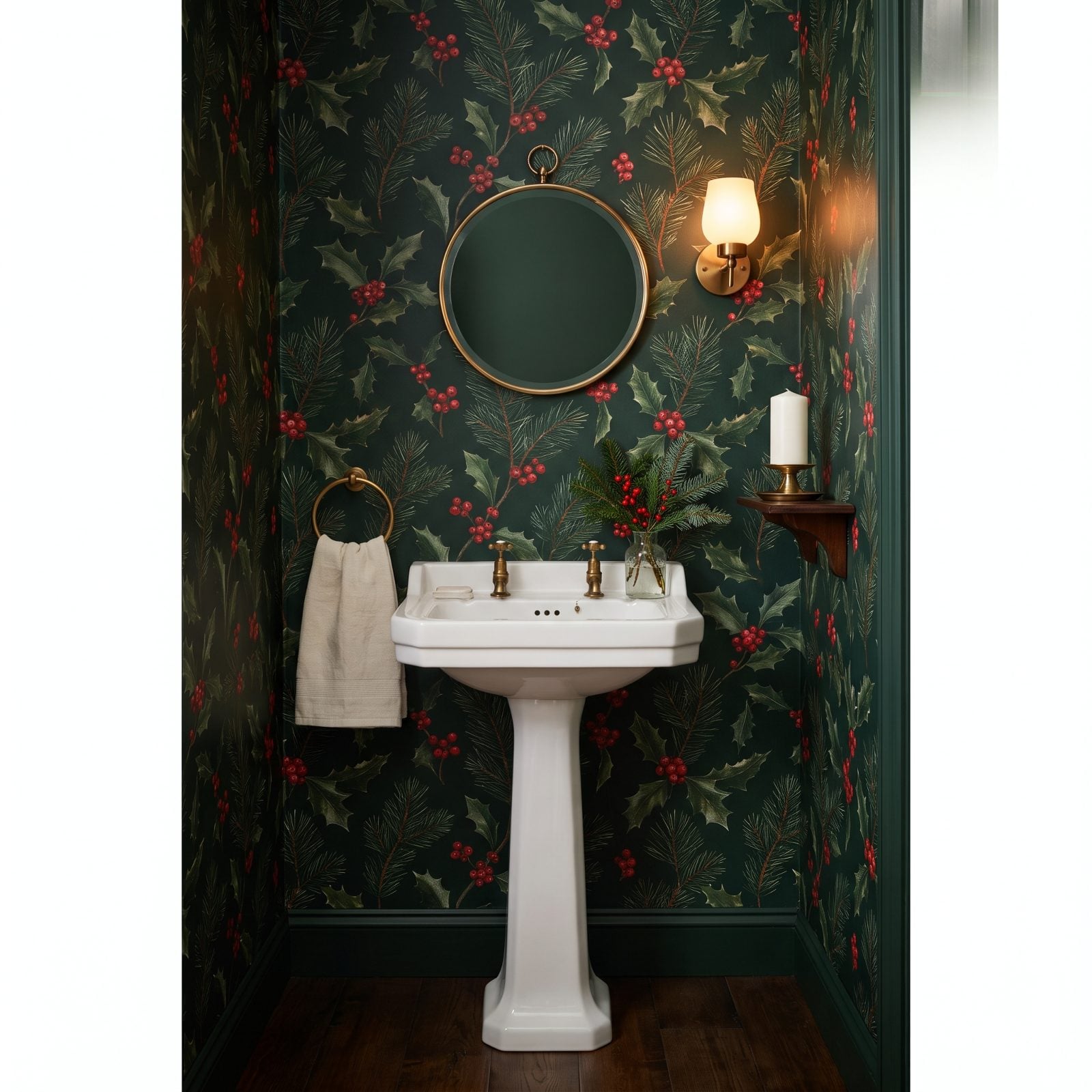 A Powder Room Wrapped in Botanical Winter Wallpaper