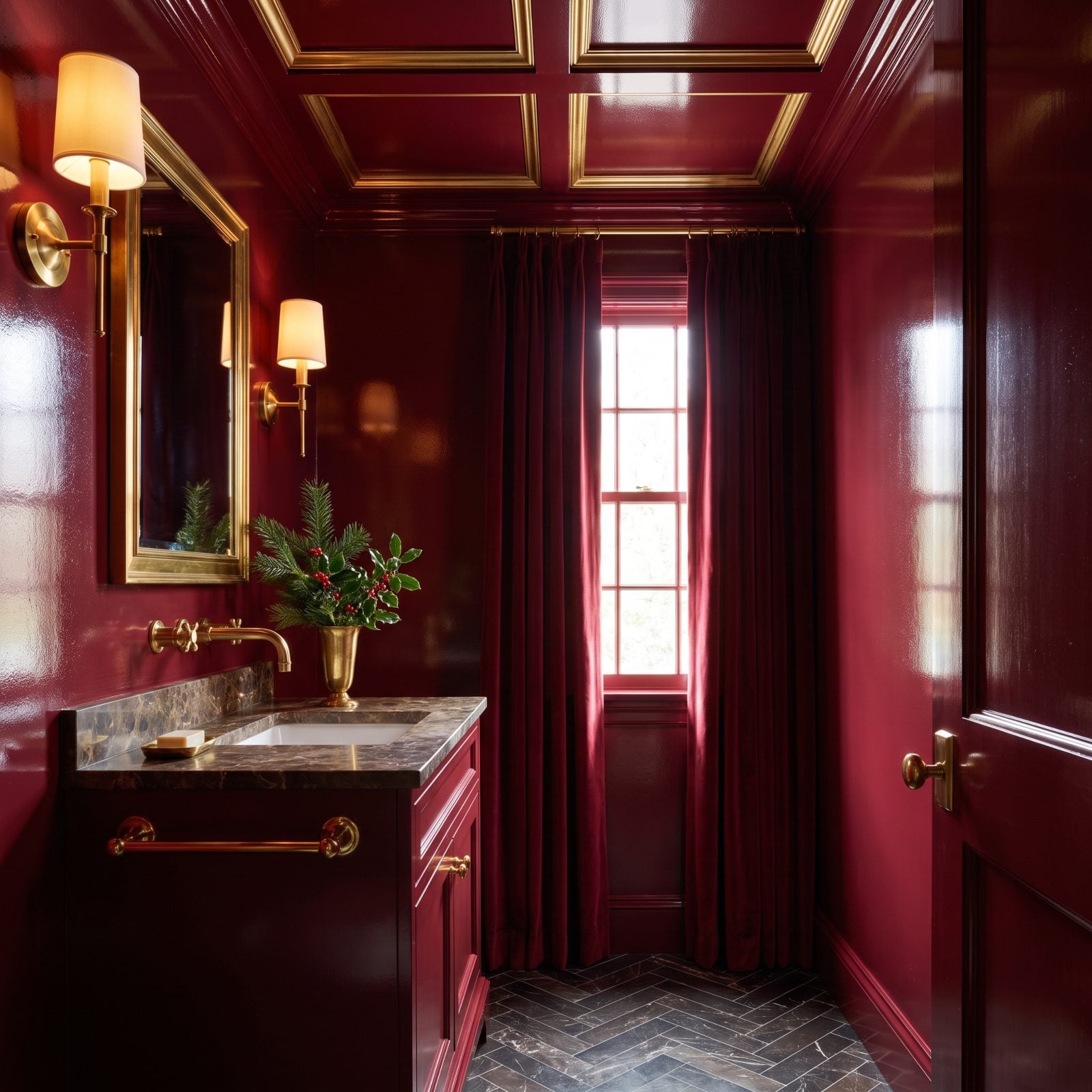 A Powder Room Wrapped in Jewel-Box Christmas Color