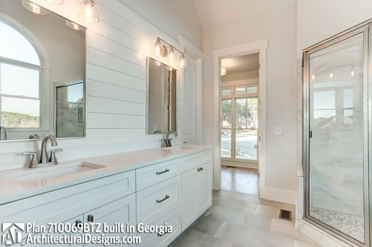 Double Vanity With Shiplap Behind It and Hardware That Doesn't Compete