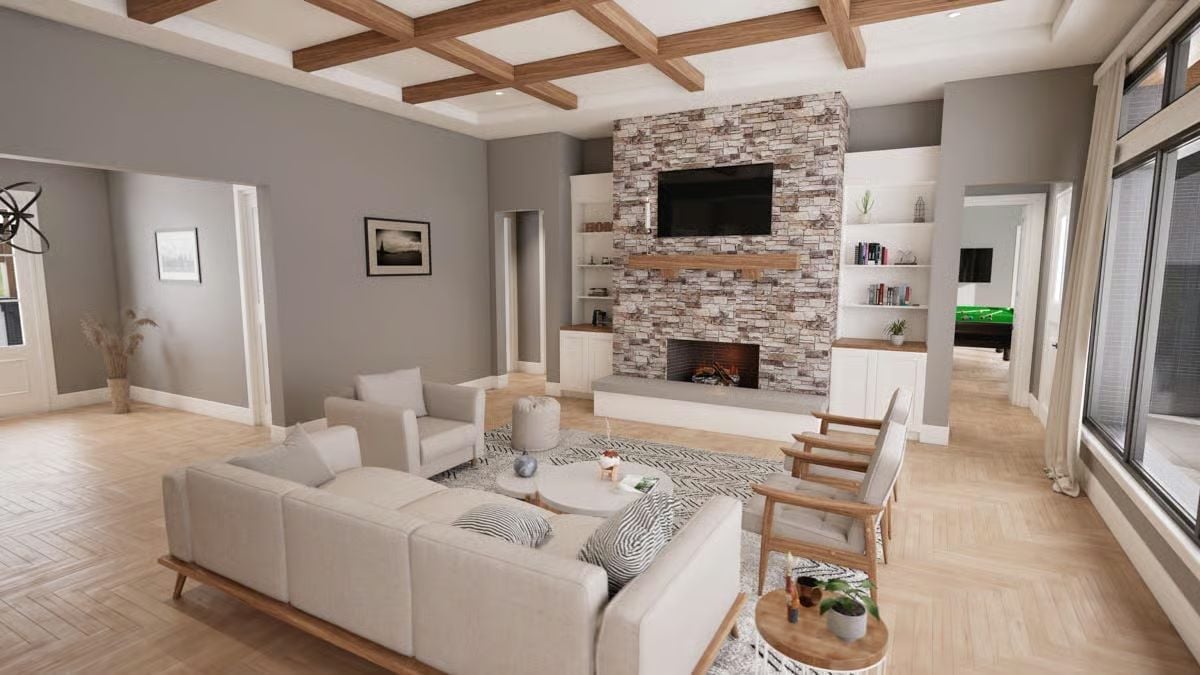 Stacked Stone, Coffered Ceiling, and a Fireplace Built for Football Sundays