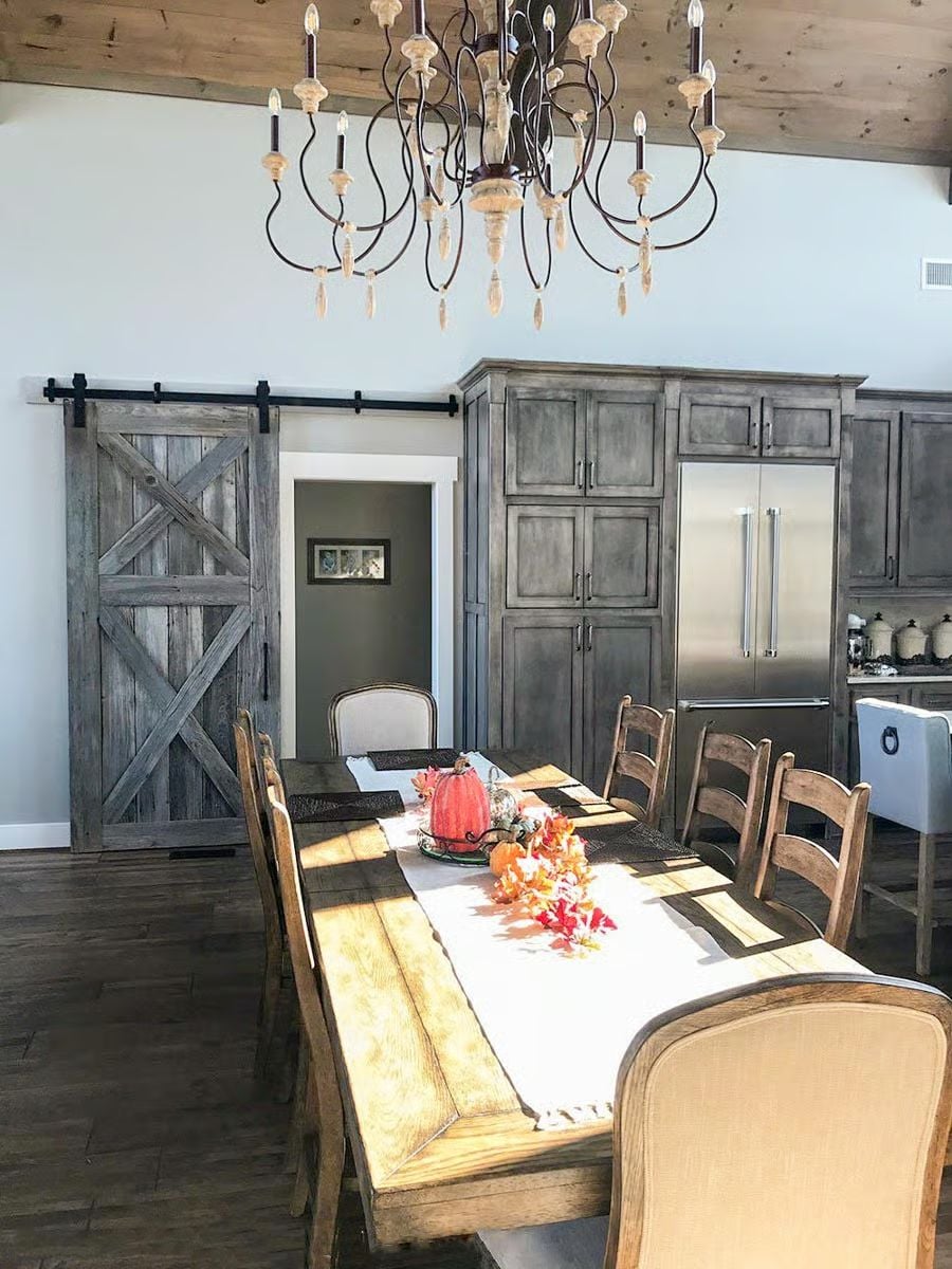 Sliding Barn Door, Chandelier, Pumpkins on the Table — Fall Came In and Stayed