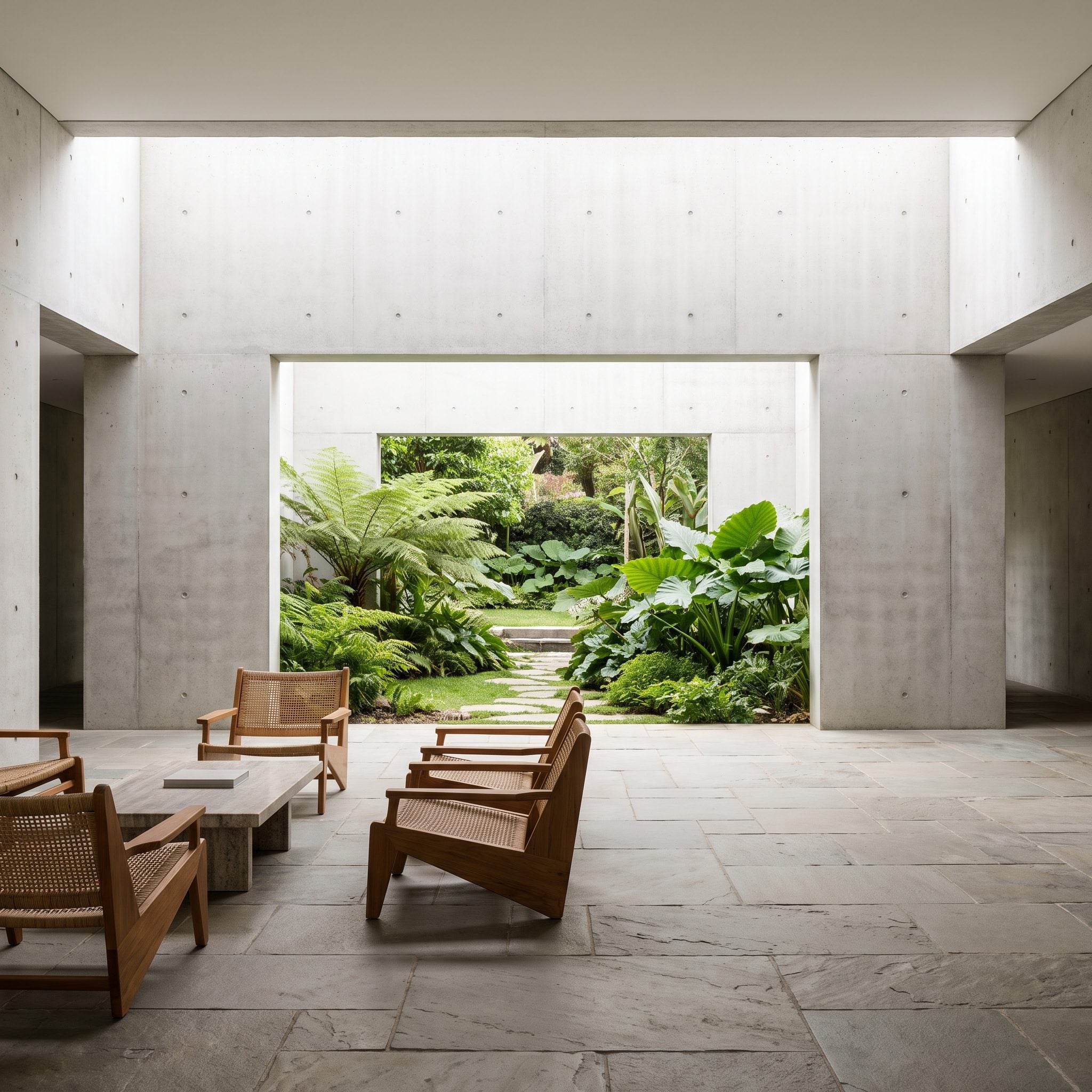 Stucco-walled courtyard lounge with a greige modular sectional, stone table, olive tree in a large vessel and a rectangular opening framing the garden