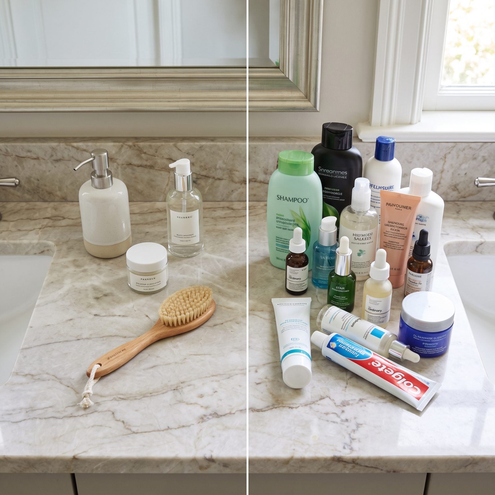 Double-sink bathroom vanity with a dense cluster of about twelve bottles on one side and three spaced bottles on the other.