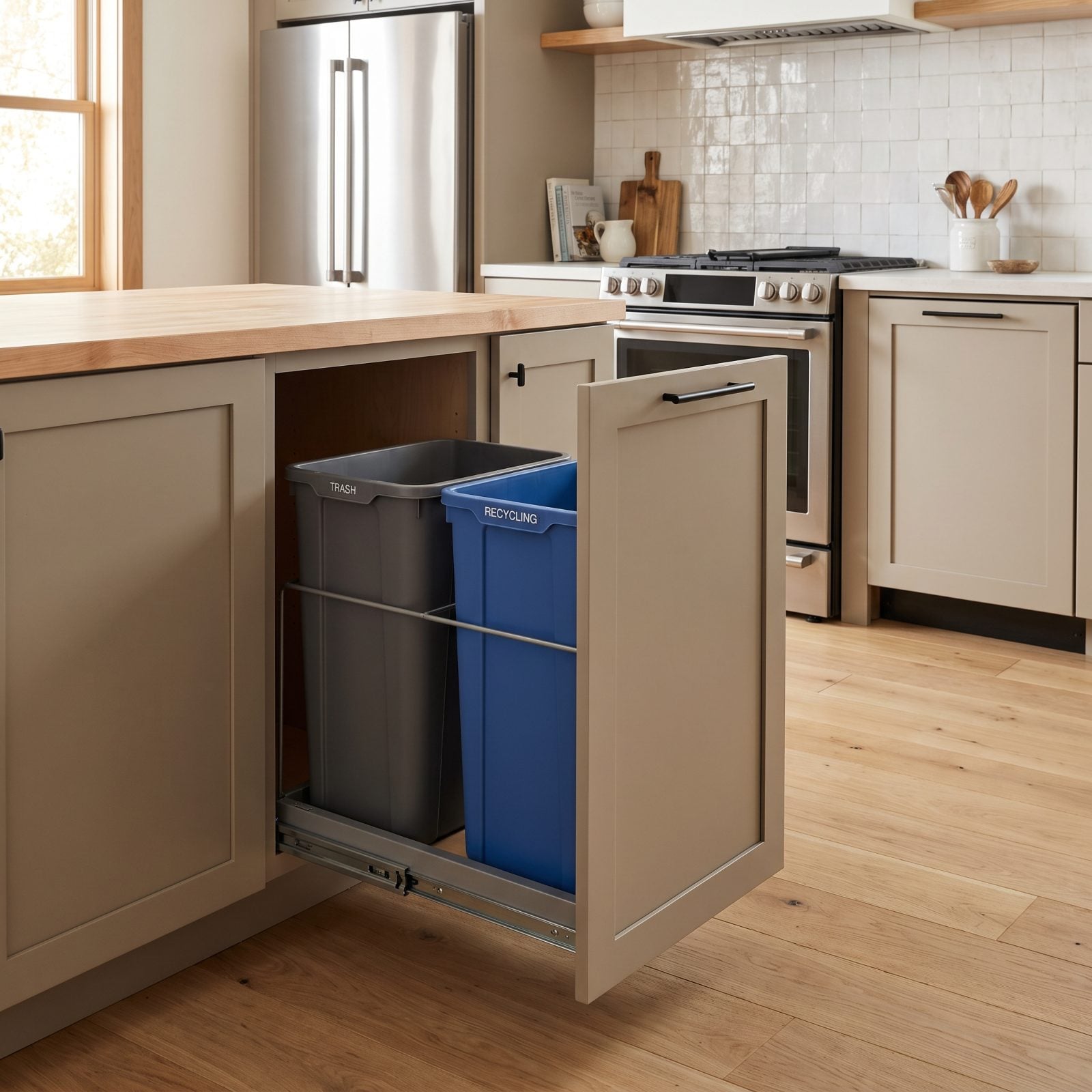 A Pull-Out Trash and Recycling Center Tucked Into the Cabinetry