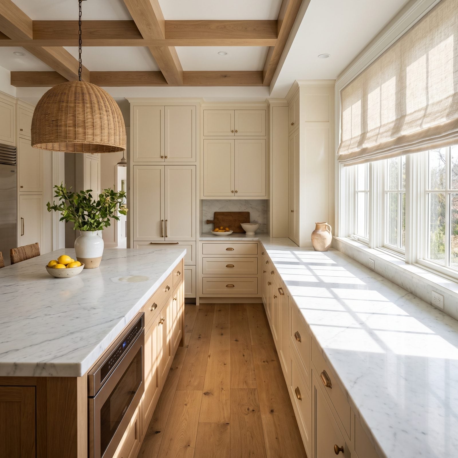 White marble kitchen counter near the range with faint etch rings from lemon and wine.